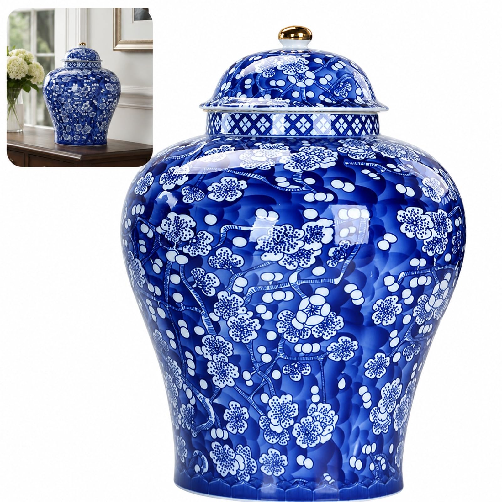 Ginger Jar Vase Decorative Vintage Blue And White With Lid Porcelain Vases Painted Glazed Ceramic (blue,18 * 26cm)