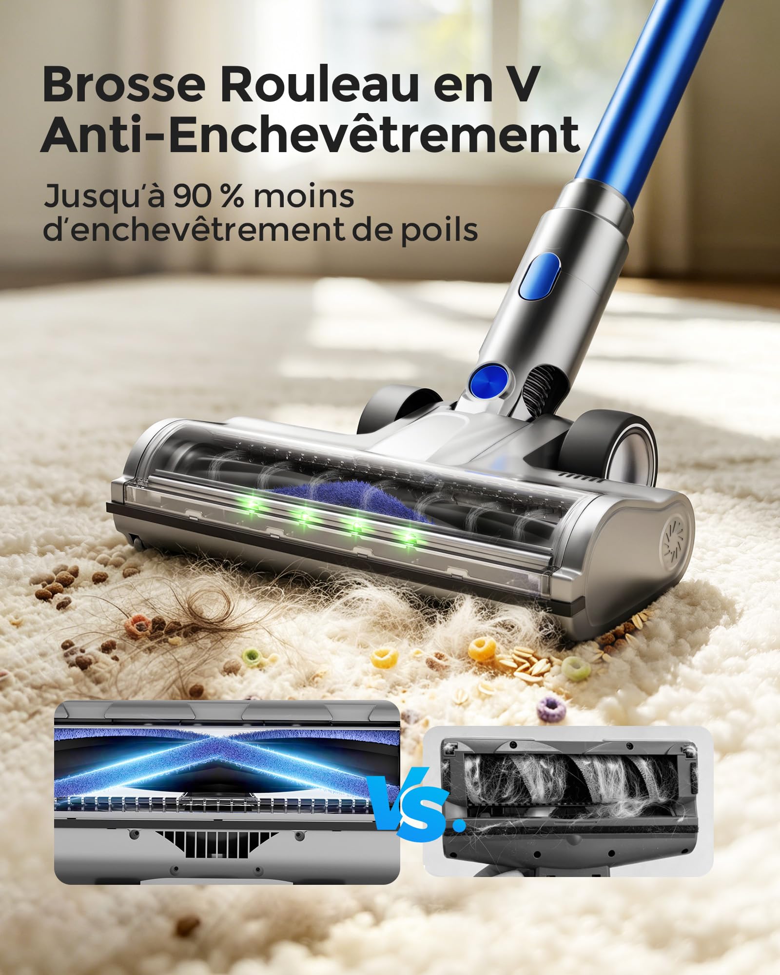 Aspirateur Balai sans Fil, 50Kpa/60Min Léger Aspirateur sans Fil, Auto-Stable, Brosse Anti-enchevêtrement, Écran LED Intelligent, pour Poils d'animaux, sols durs et Tapis,Bleu