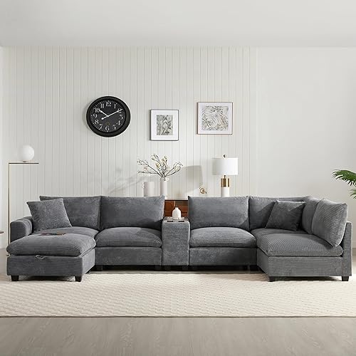 Merax Sofá modular modular de gran tamaño de 140 pulgadas con otomana de almacenamiento y consola, bolsillos de almacenamiento extraíbles, soporte