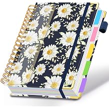 Spiral Journal Notebooks for Work, 300 Pages 5 Subject Notebook College Ruled with Dividers & Tabs, A5 Notebook Journal for Women Students Note-Taking and Organizer White Daisy