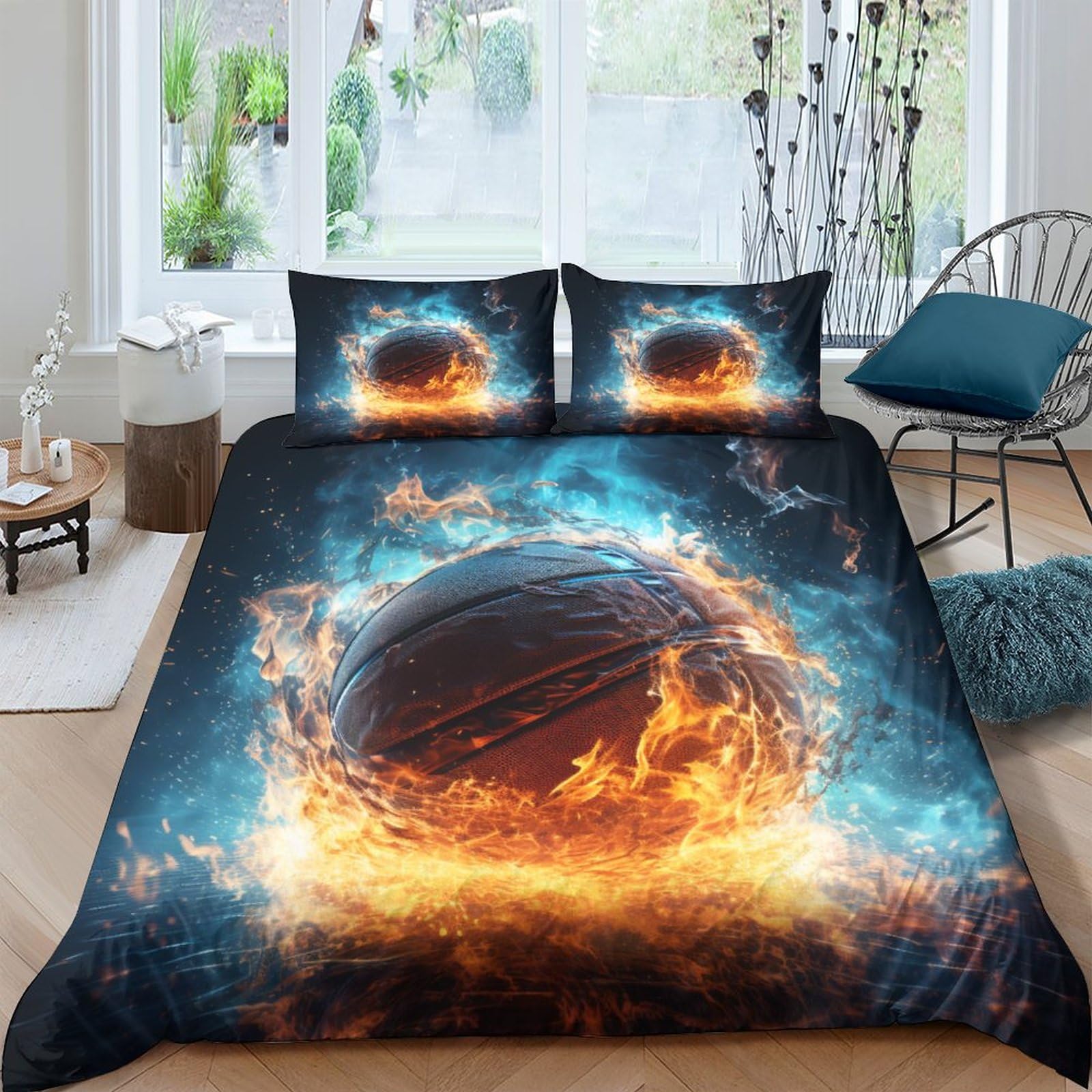 Housse de couette basket-ball 220x240 parure de lit microfibre 3 pièces motifs imprimés IOFEER