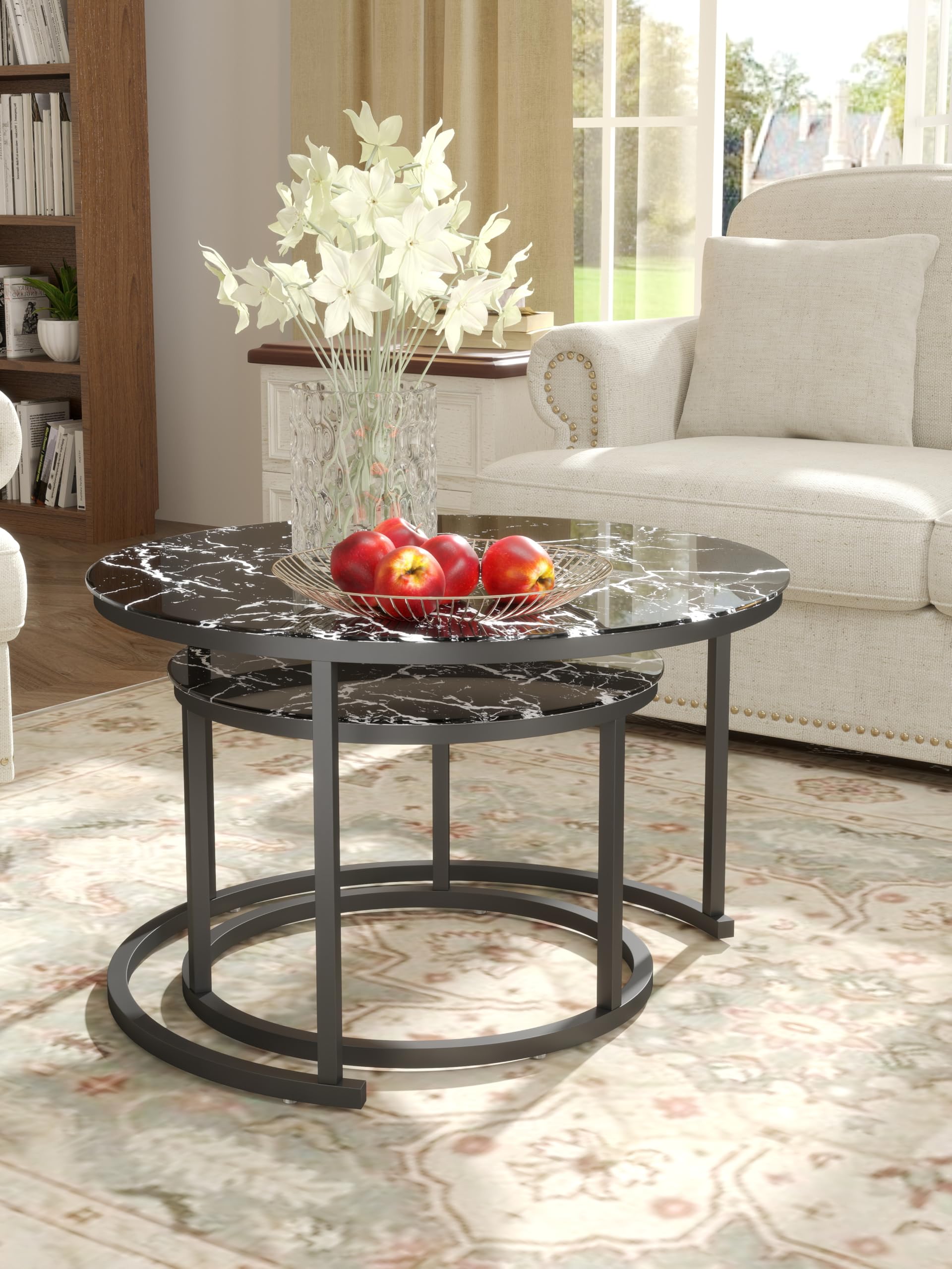 Tavolino Salotto Vetro Rotondo, Tavolo Soggiorno Vetro, Coffee Table 2 pezzi, Tavolino da Salotto Moderno con effetto marmo nero