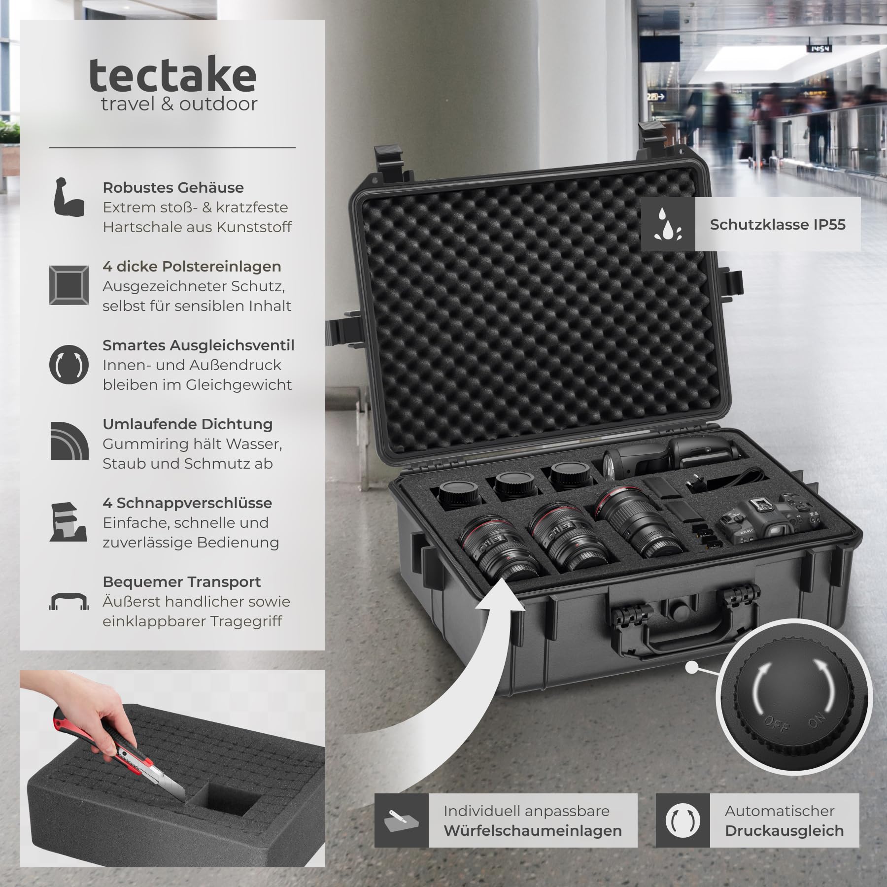 tectake® Kamerakoffer, Universalkoffer, Outdoor Box wasserdicht als Transportkoffer, Hardcase zur Lagerung von Kamera, Beamer klein, Foto Aufbewahrungsbox, LxBxH: 56 x 42 x 21 cm