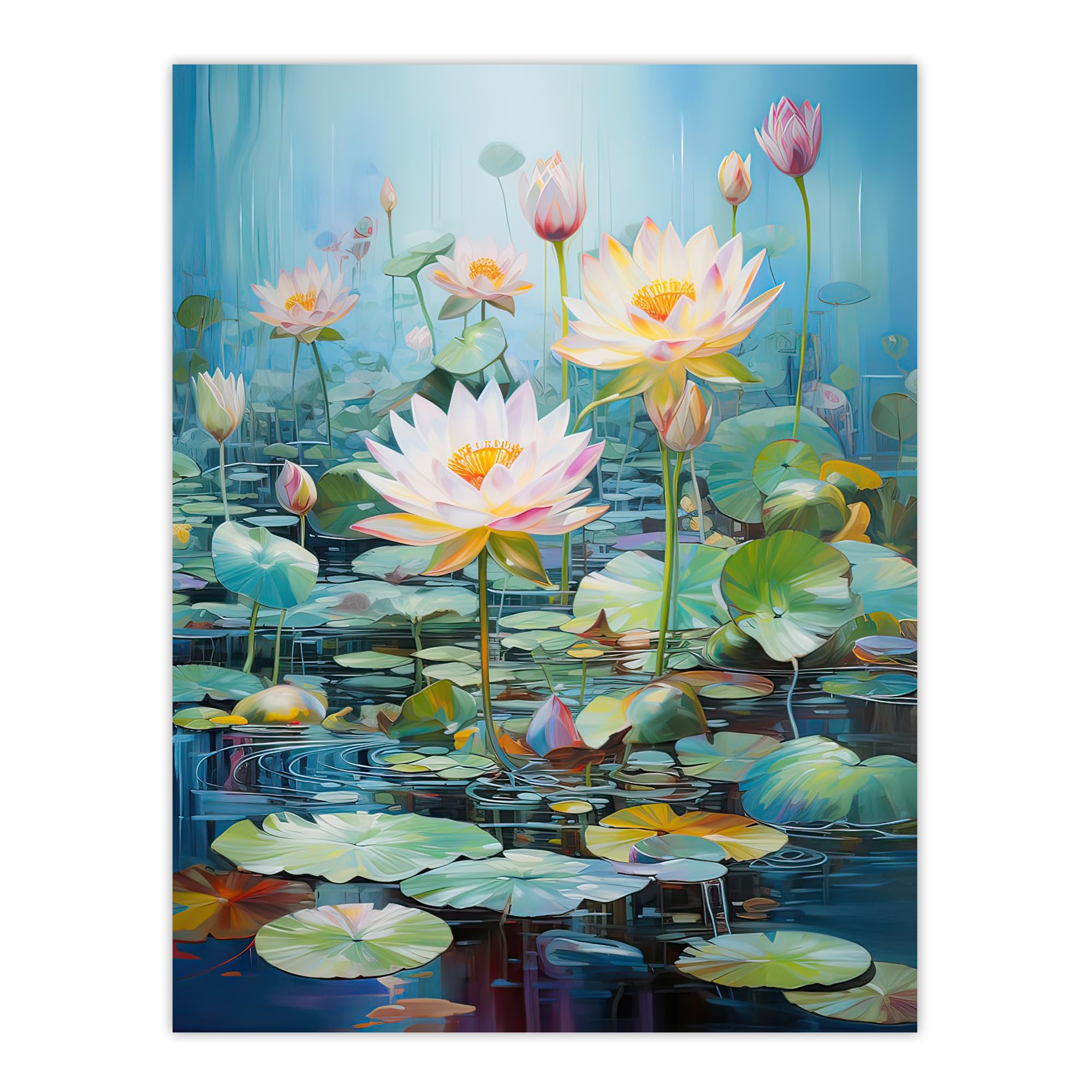 Dreamy Lotus Pond Blooming Water Lily Flowers Wall Art Poster Print Picture