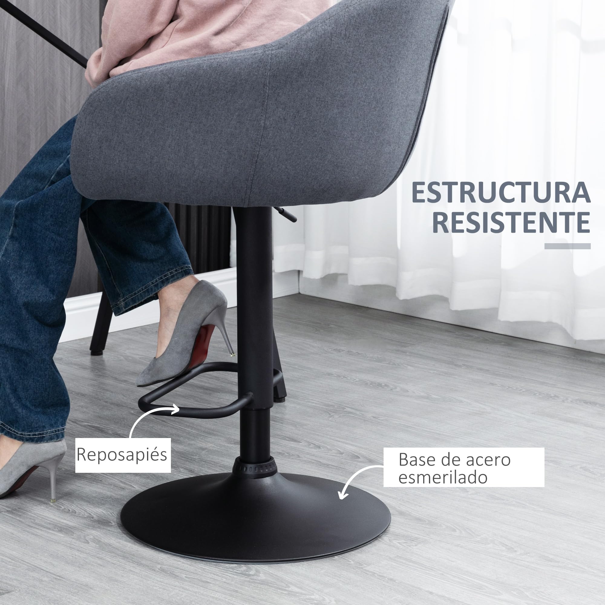 HOMCOM Taburete Alto de Cocina Pata de Acero 54x54x92-112 cm Gris Oscuro | Regulable en Altura, Taburete de Bar, Tapizado de Tela, Reposapiés, Carga 110 kg