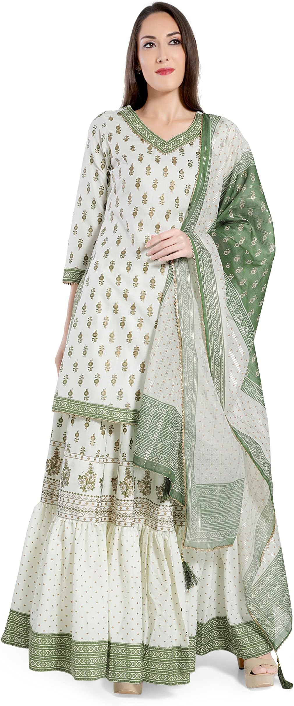 madhuramWomen and Girls Cotton Anarkali Polkha Dot Foil Printed V-Neck 3/4 Sleeves Kurti with Lining Zari Chanderi Dupatta and Sharara