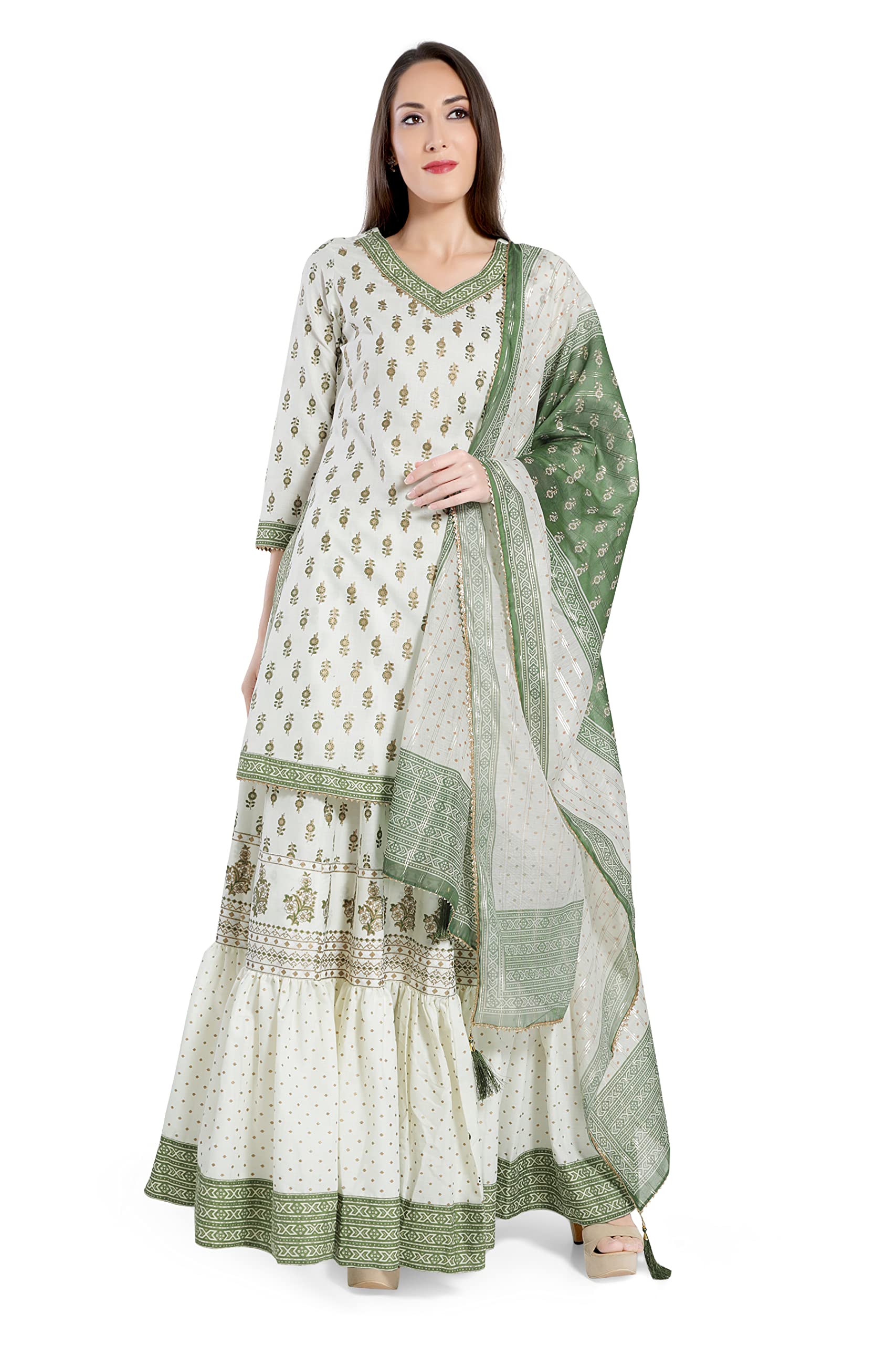 madhuramWomen and Girls Cotton Anarkali Polkha Dot Foil Printed V-Neck 3/4 Sleeves Kurti with Lining Zari Chanderi Dupatta and Sharara