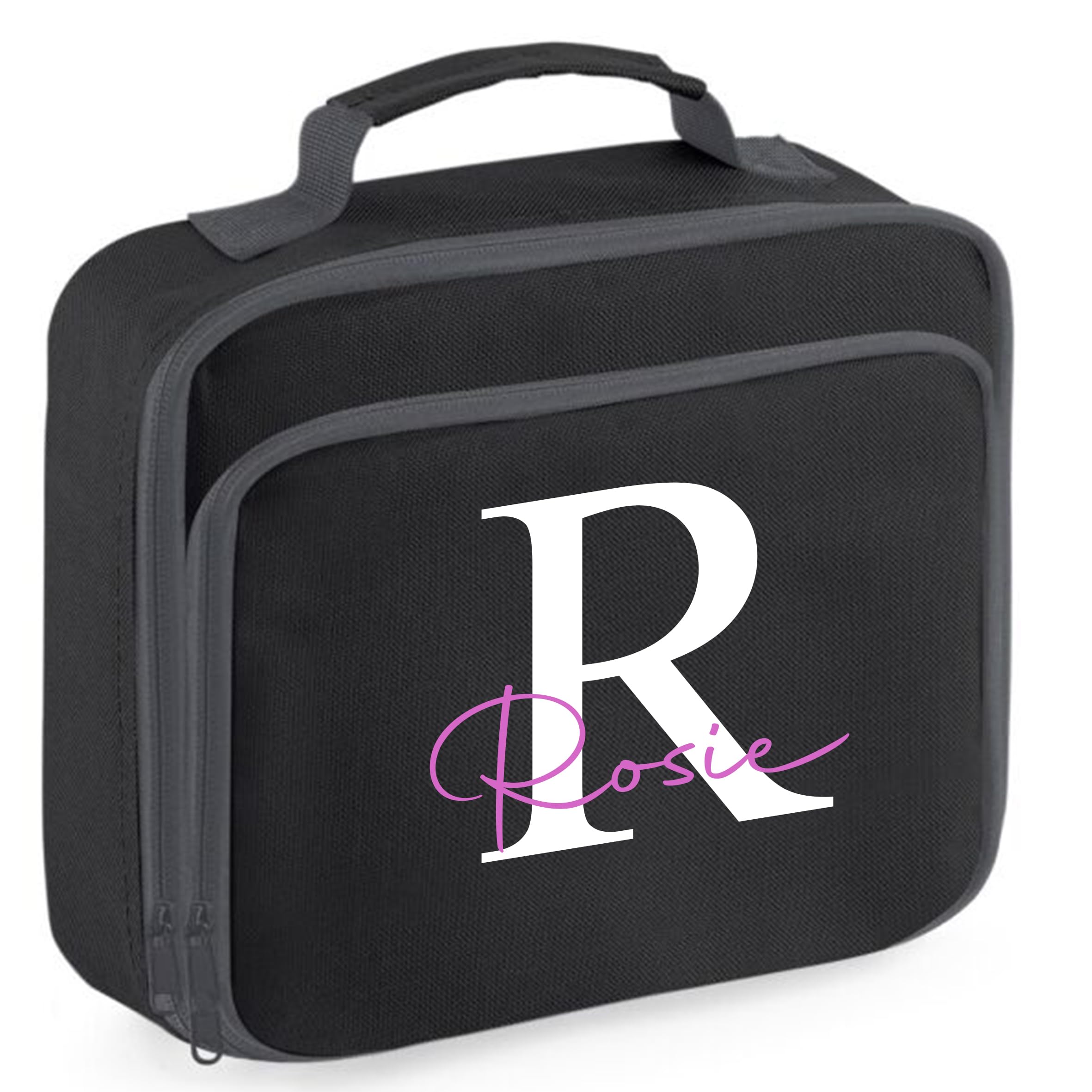 The Baby Box UK Personalised Girls Lunchbox with Custom Name and Initial Back to School for Kids (Black Lunch Bag)