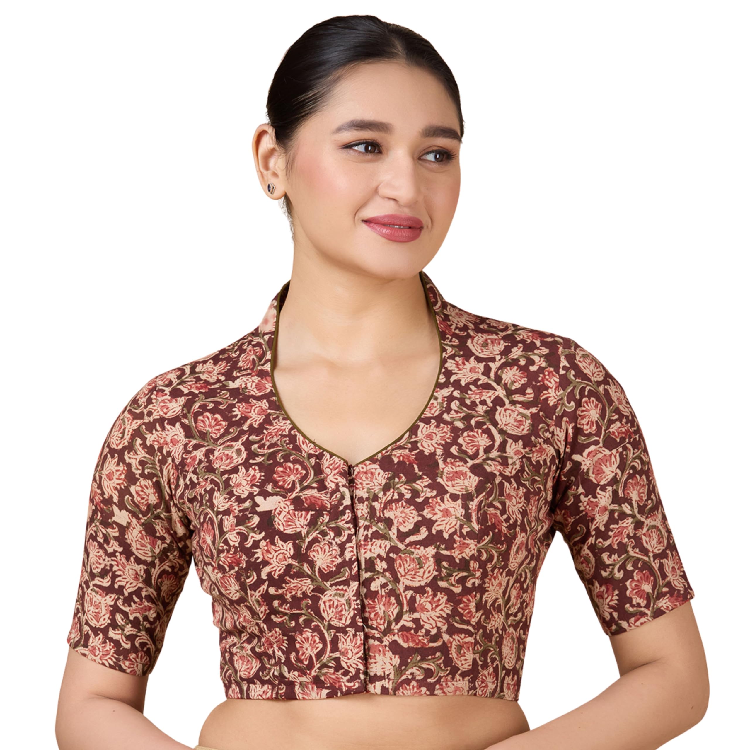 Studio Shringaar Women Cotton Kalamkari Printed with Elbow Length Sleeves Readymade Saree Blouse