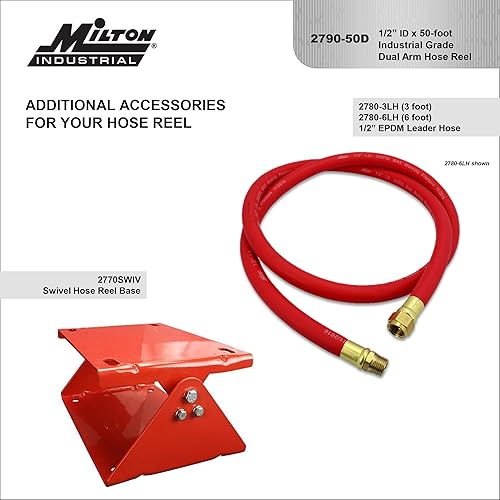 Miniatura 6 de Milton Industrial Strength Auto- Retráctil Manguera de aire carrete de acero de doble brazo, 12" MNPT x 50 pies Manguera de goma híbrida - 300 PSI