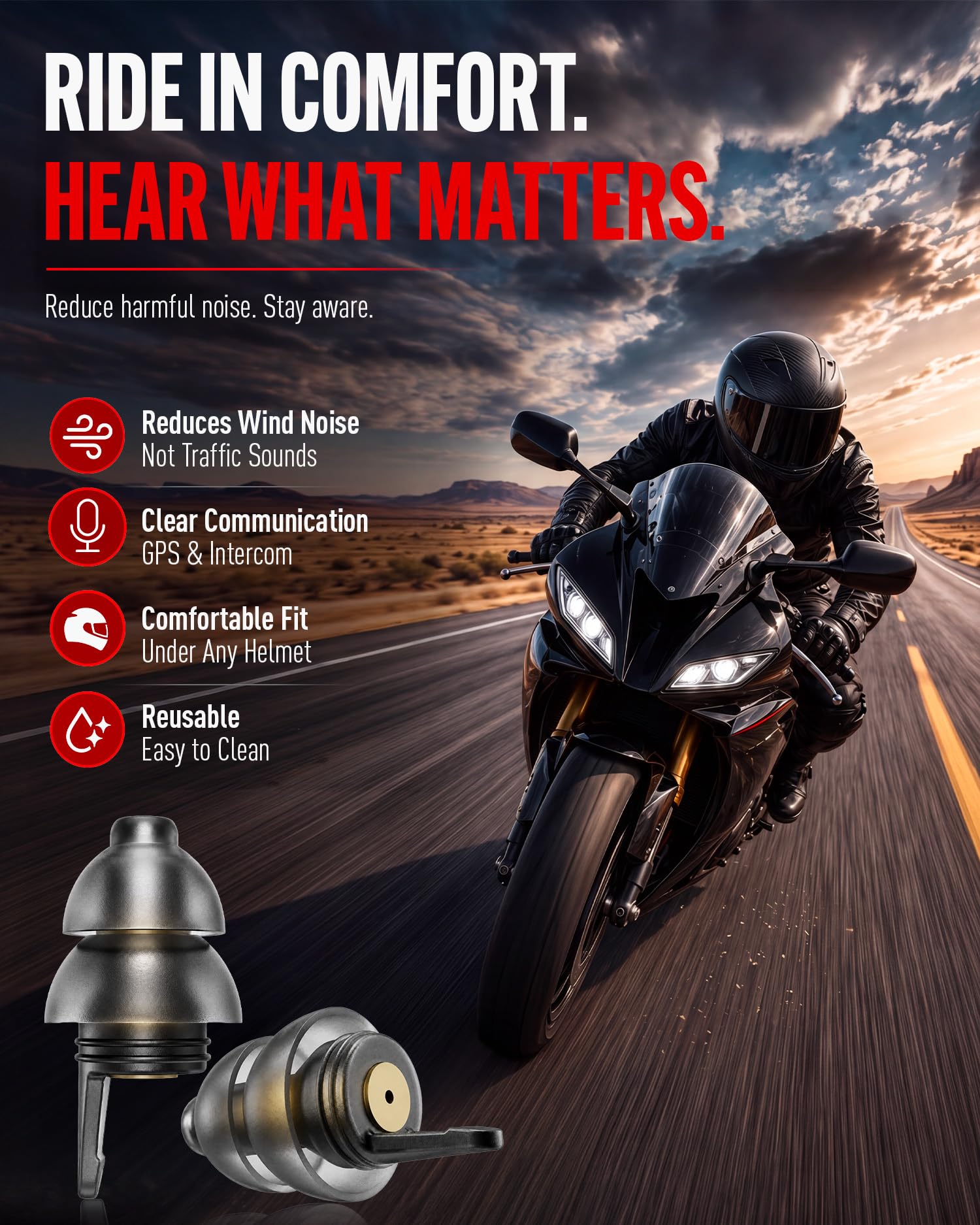 Lot de 2 paires de bouchons d'oreille de moto, réduction du bruit du vent et protection auditive de qualité supérieure - Bouchons d'oreilles réutilisables pour les sports automobiles, le parachuting