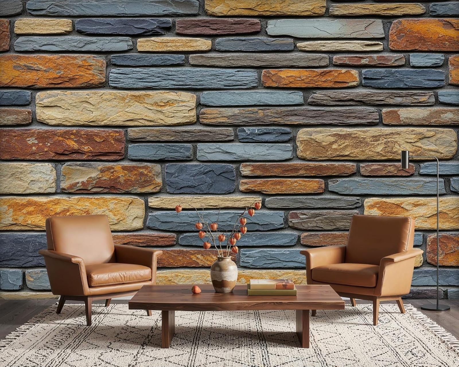 Photo wallpaper stone wall 3D effect colorful natural stone look rustic non-woven modern wall living room bedroom children's room wall decoration motif wallpaper, 350cm x 256cm stickers - frameless pa