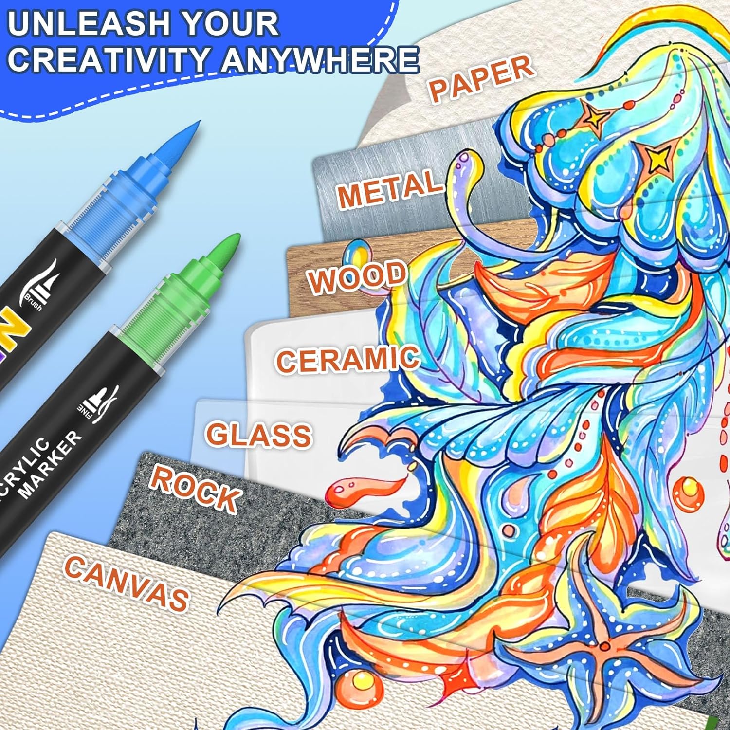 NICETY 108 Colors Acrylic Paint Markers – Dual Tip Acrylic Paint Pens with 1–5mm Brush Tip & 1mm Fine Tip – Water-Based Non-Bleed Acrylic Markers for Rock, Wood, Glass, Fabric, Metal, Ceramic, Canvas - Image 8