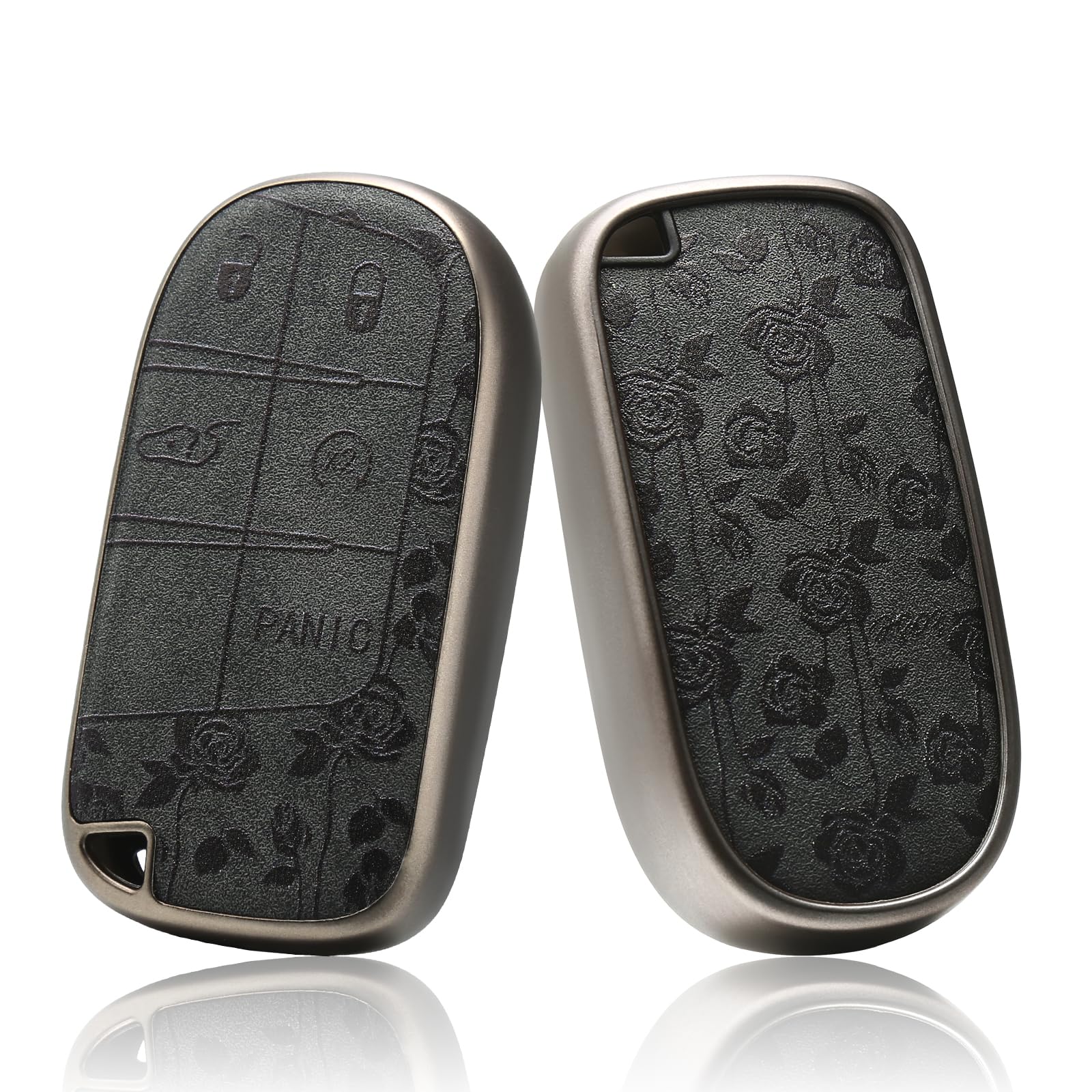 EnerCharge for Jeep Key Fob Cover,TPU and Leather Key Fob Cover Full Protection Suitable for Dodge,Key Cover Case for Jeep Grand Cherokee Renegade Compass 3 4 5 Buttons (Black Rose)