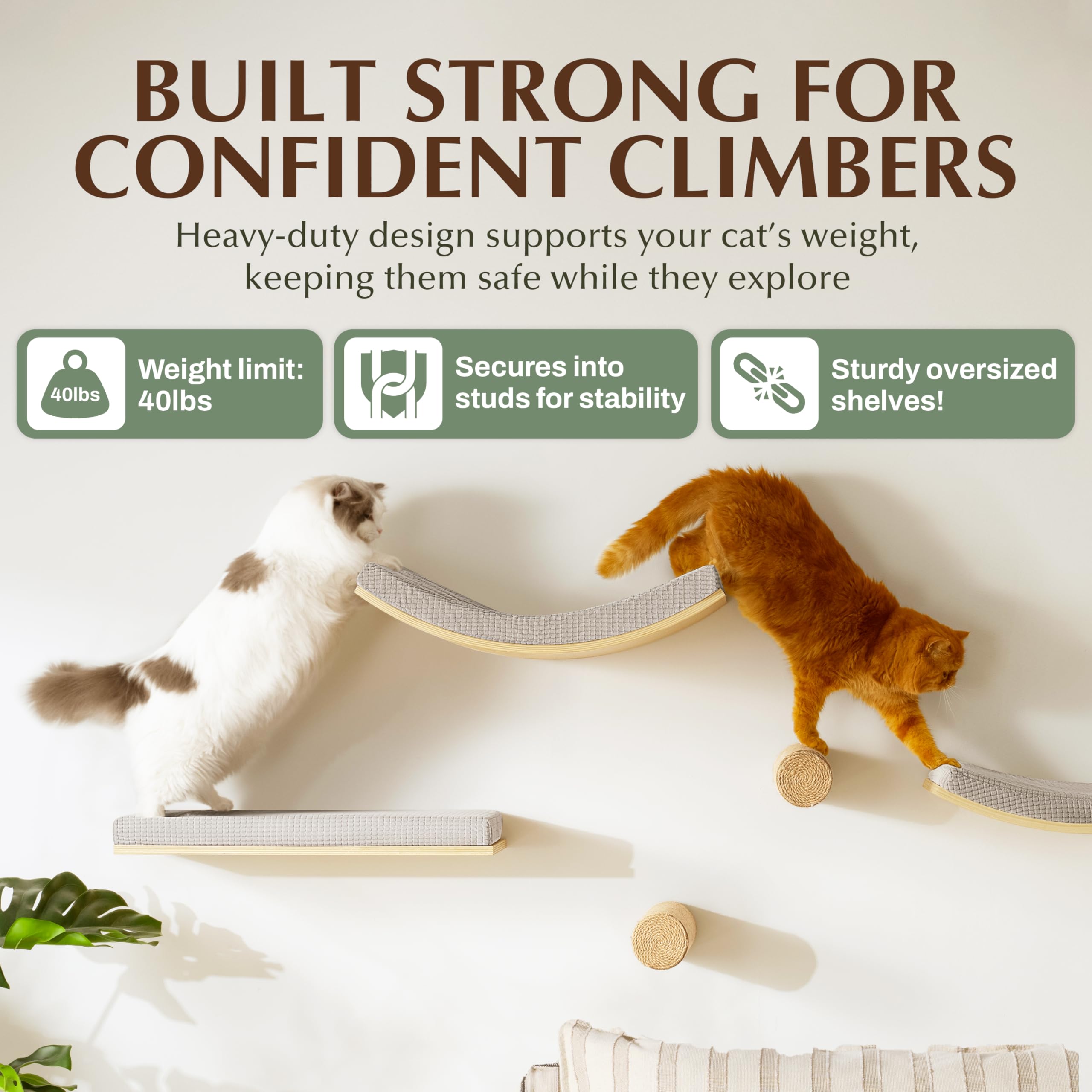 2-Pack Sisal Wall-Mounted Cat Climbing Wall Steps, Cat Wall Steps/Stairs with Sisal Scratching Surface, Wall Shelf Furniture for Climbing & Play for Kittens & Cats, Hidden Mounts - image 4