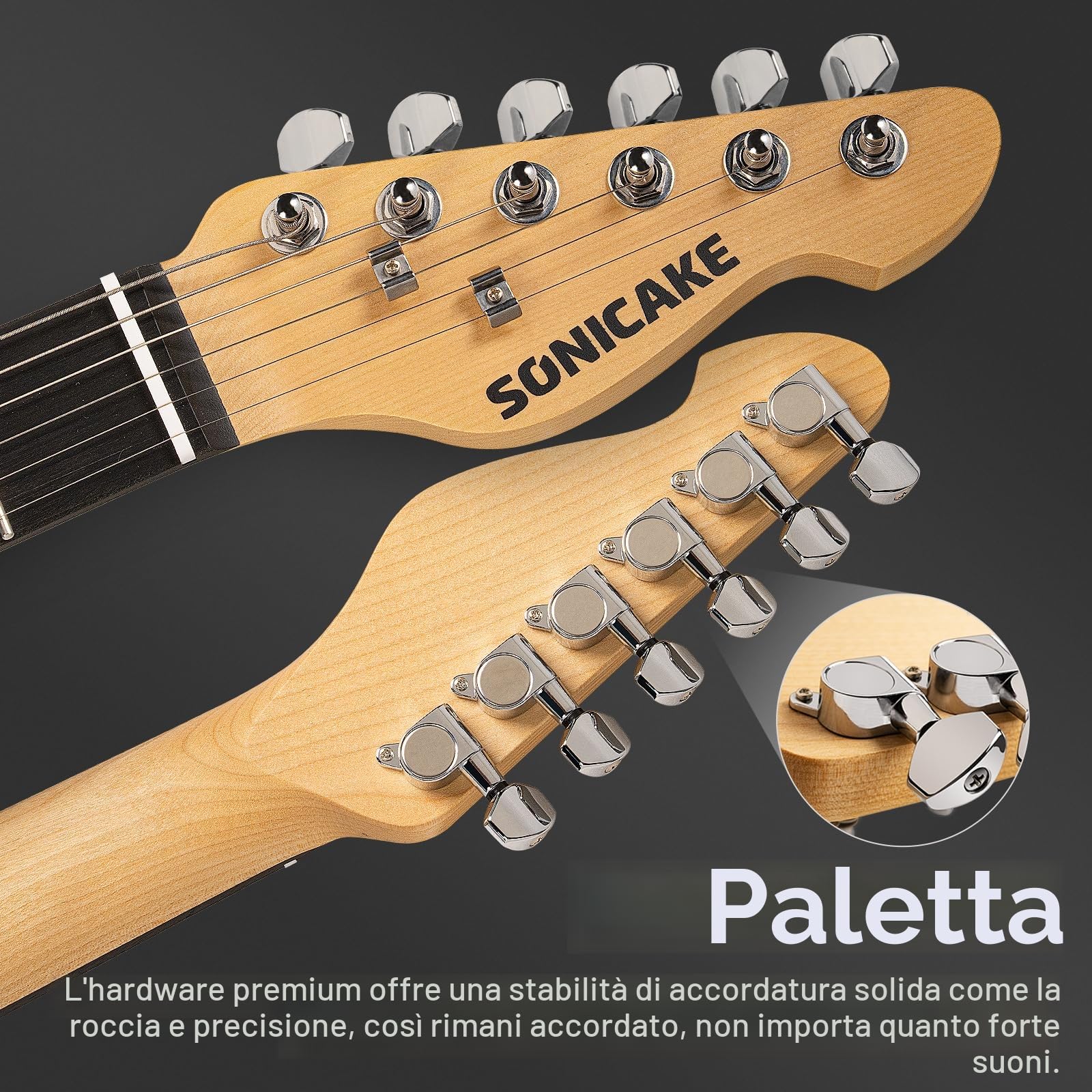 SONICAKE Chitarra Elettrica 39" Full-Size con Pickup Classici SSS, Corpo Leggero, Ponte Tremolo, Tasti Arrotondati e Truss Rod Regolabile QGT-10 (Nero)