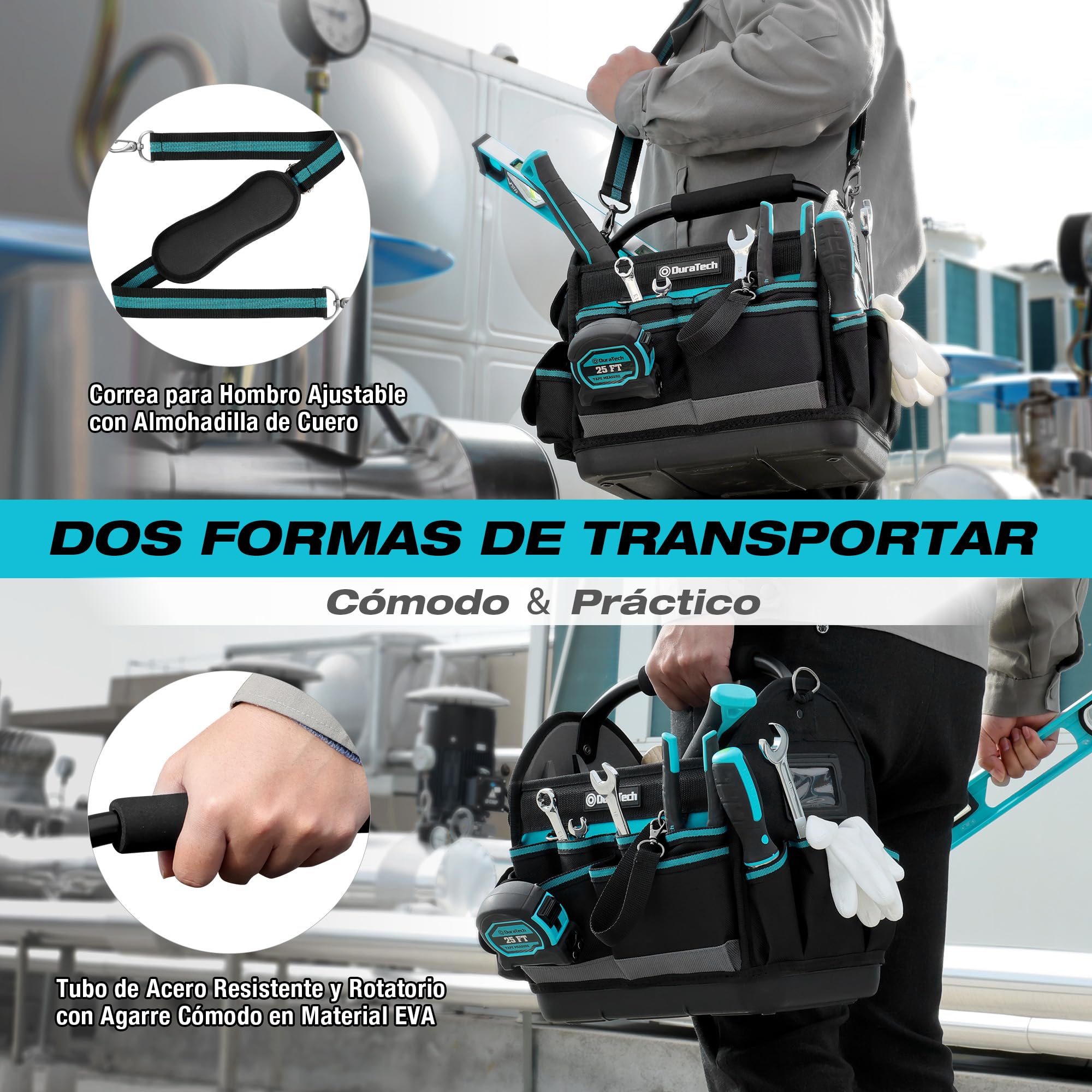 DURATECH Bolsa de Herramientas Duradera de 30,5 cm, Bolsa Portaherramientas con Base Imperable, Bolsa Rígida con Gran Apertura, Poliéster 900D, Asa de Transporte, Correa de Hombro Ajustable