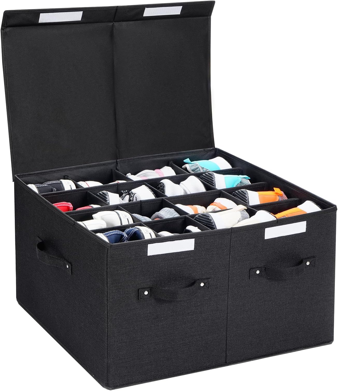 16 Pairs Shoe Storage Box, Foldable Shoe Storage Containers Baskets Boxes Bins Adjustable Dividers for Shoes, Sandal, Sneakers and High Heeled, Stackable and Foldable (Black)