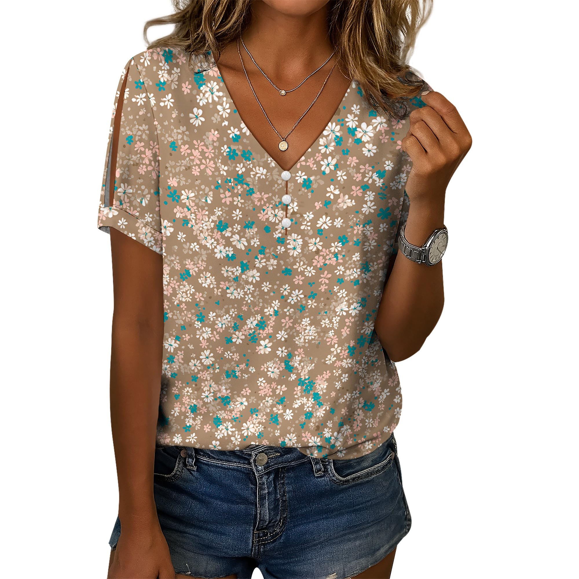 Women's Loose Fit V-Neck Short Sleeve Tops Summer Boho Floral Print Blouse with Front Button Casual Comfy T-Shirt
