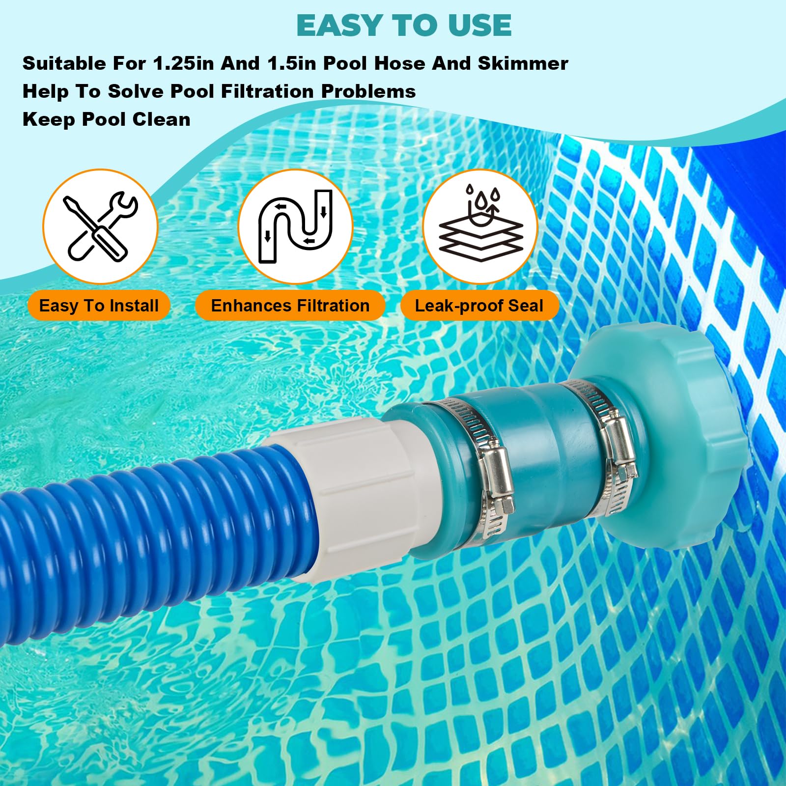 Juego de 2 adaptadores de manguera de vacío para piscina, adaptador de manguera de skimmer de piscina, conector B con puños y abrazaderas de manguera de piscina de 1-1/2 pulgadas, adaptador de