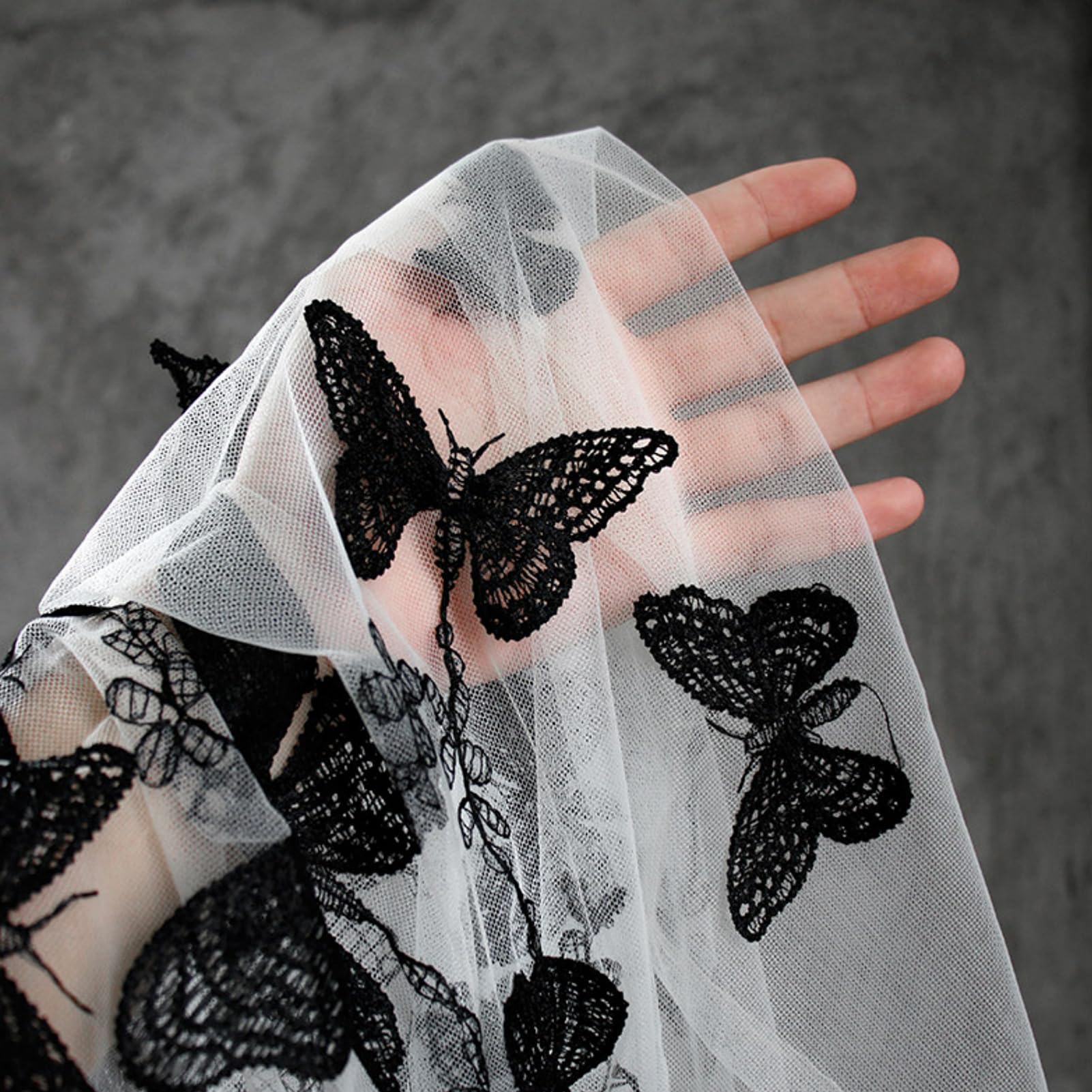 Dxcaicc Tela De Malla De Tul Tela De Malla Bordada 150X100cm Ligera Y Suave Encaje Negro con Gran Patrón De Mariposa Bordada Tela De Diseñador Creativa