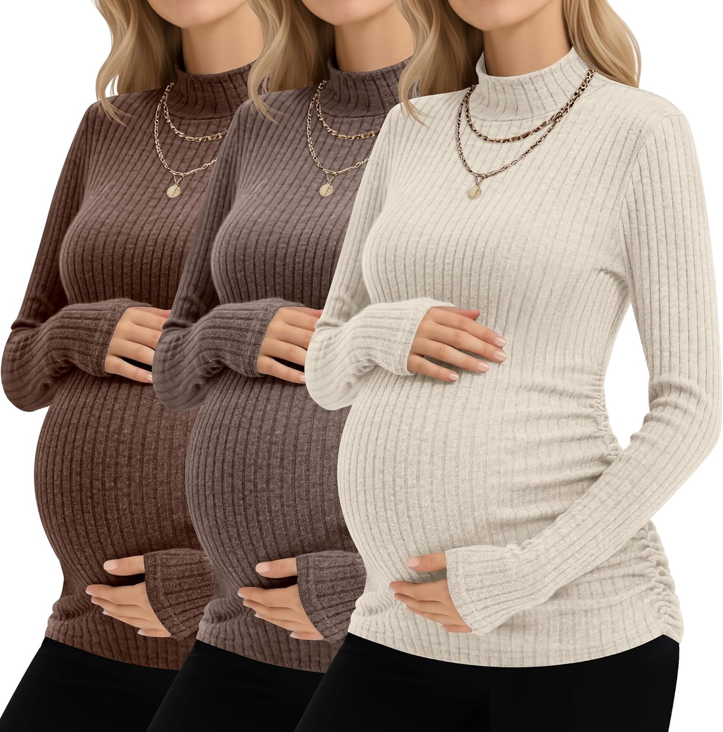 Neer 3 Pack Women's Maternity Tops, Pregnant Long Sleeve Sweaters Mock Turtleneck Pregnancy Shirts Ribbed Knit Mama Clothes