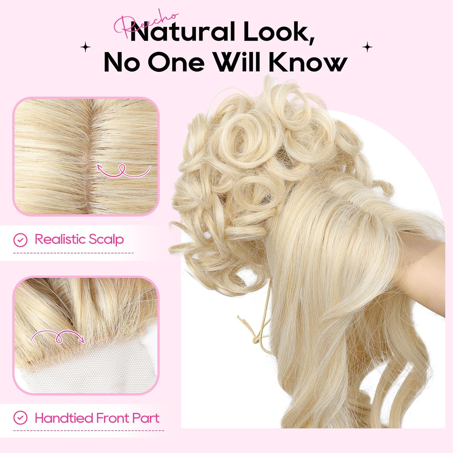 REECHO Messy Bun Hair Piece with Bangs - 2-in-1 Hair Bun Hairpieces Curly Updo Wig & Hair Topper with Long Side Bangs Natural-Looking Drawstring Ponytail Extension for Women - Medium Blonde