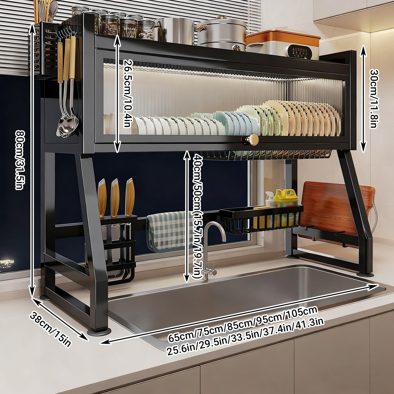 Escurridor de platos sobre el fregadero, estante de secado de encimera de cocina con cubierta y soportes, para platos, vasos, cuencos y cubiertos