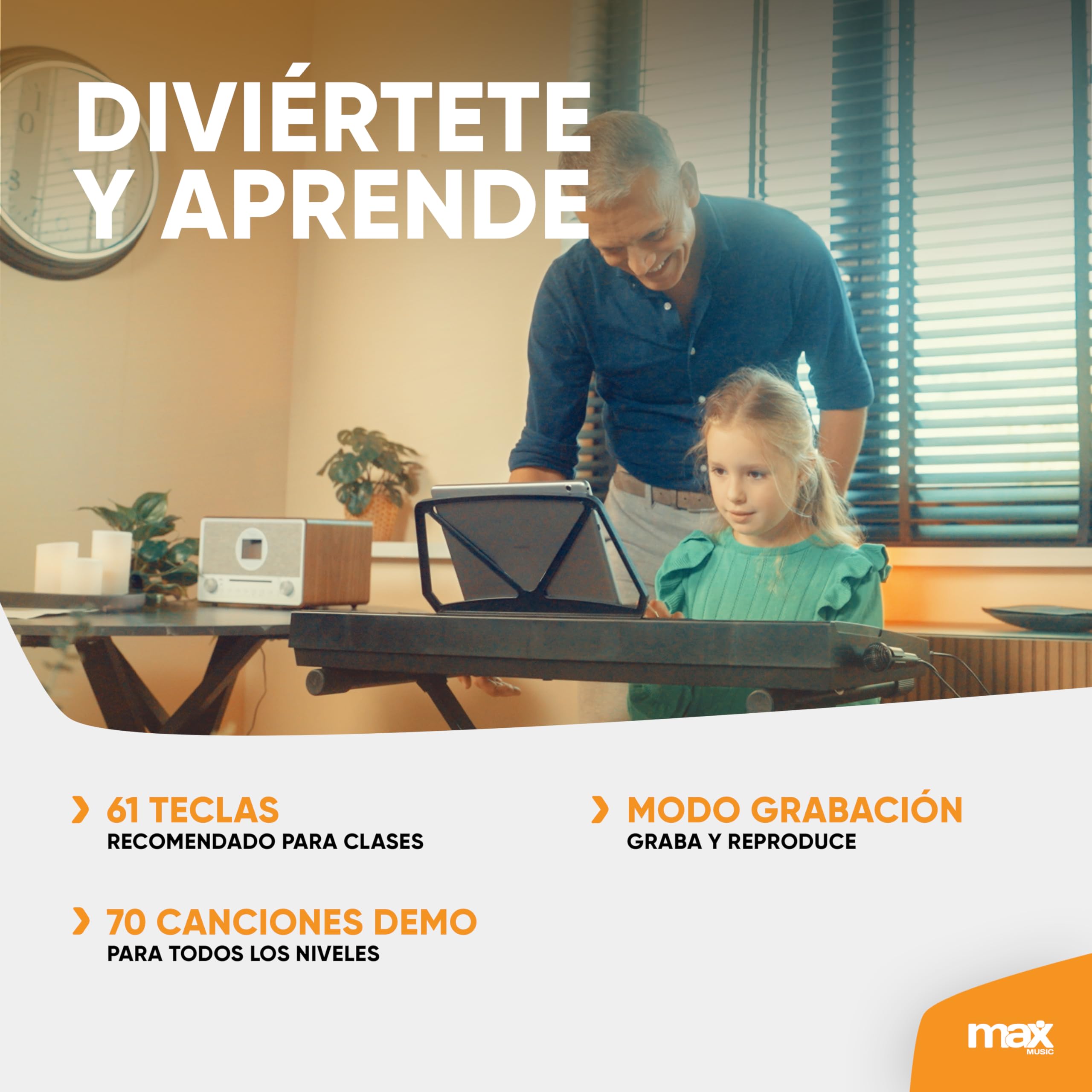 MAX KB15 - Pack de teclado eléctrico de 61 teclas para principiantes que incluye un soporte, auriculares, micrófono, banqueta y batería recargable. Ideal para todas las edades para aprender a tocar.