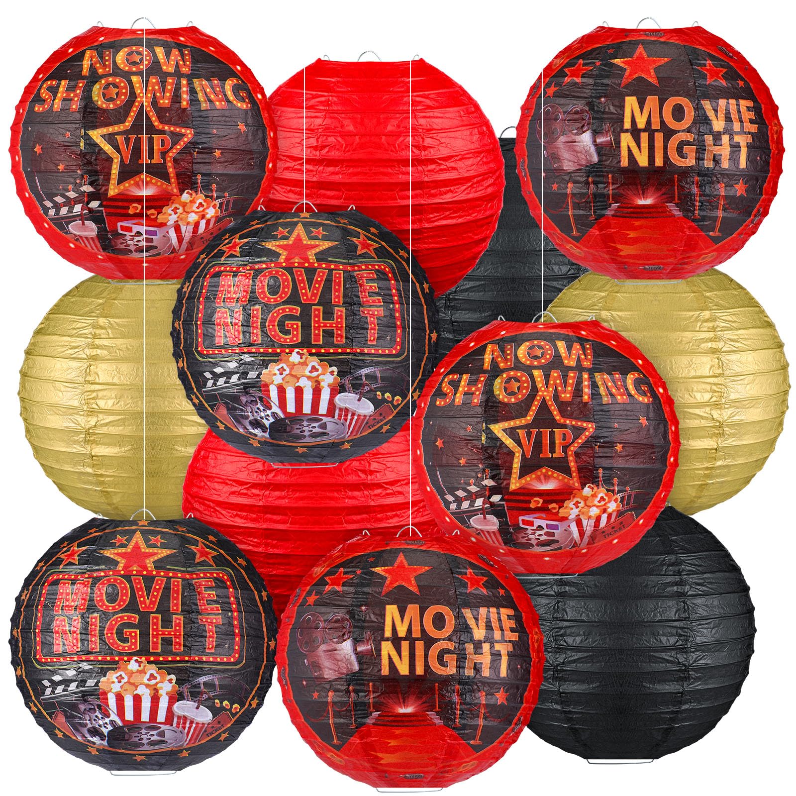 Panelee 12 Pcs Movie Night Party Decorations Theme Hanging Paper Lanterns with Popcorn Trophy Microphone Film Reel Lanterns Decorative for Movie Night Theater Home Carnival Birthday Party