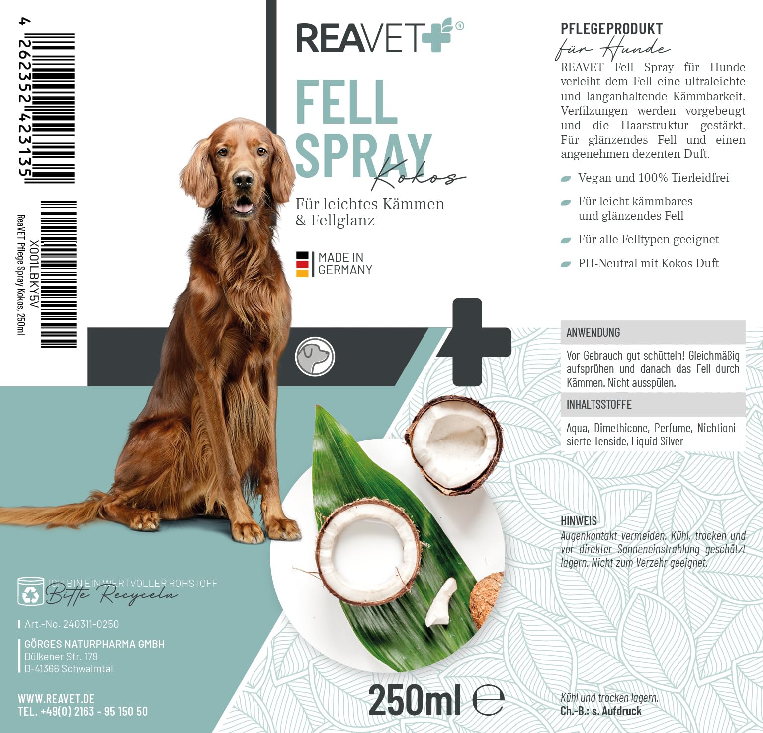 ReaVET Cuidado spray de coco para perros 250 ml