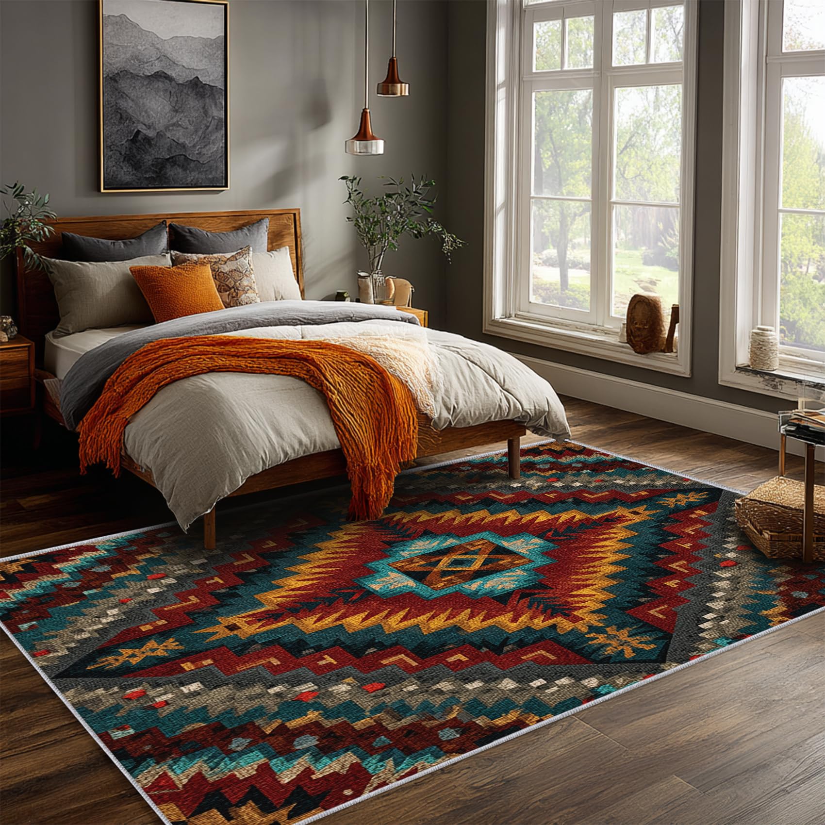 Tapis Indien Salon 140x200 cm Motif Western Aztèque Ethnique Rustique, Tapis Lavable Antidérapant Doux Poil Court, Decoration Chambre Descente De Lit Carpet