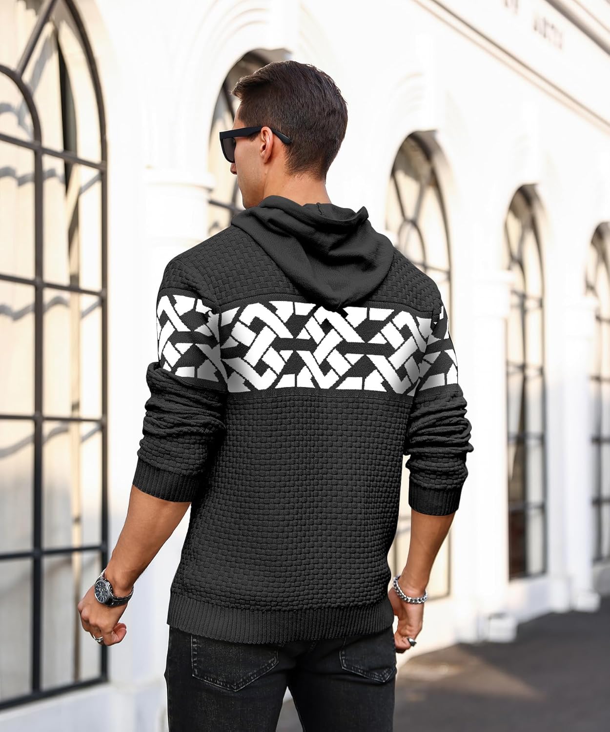 Zaitun Mens Hooded Sweatshirt Long Sleeve Solid Knitted Hoodie Pullover Sweater - Image 2