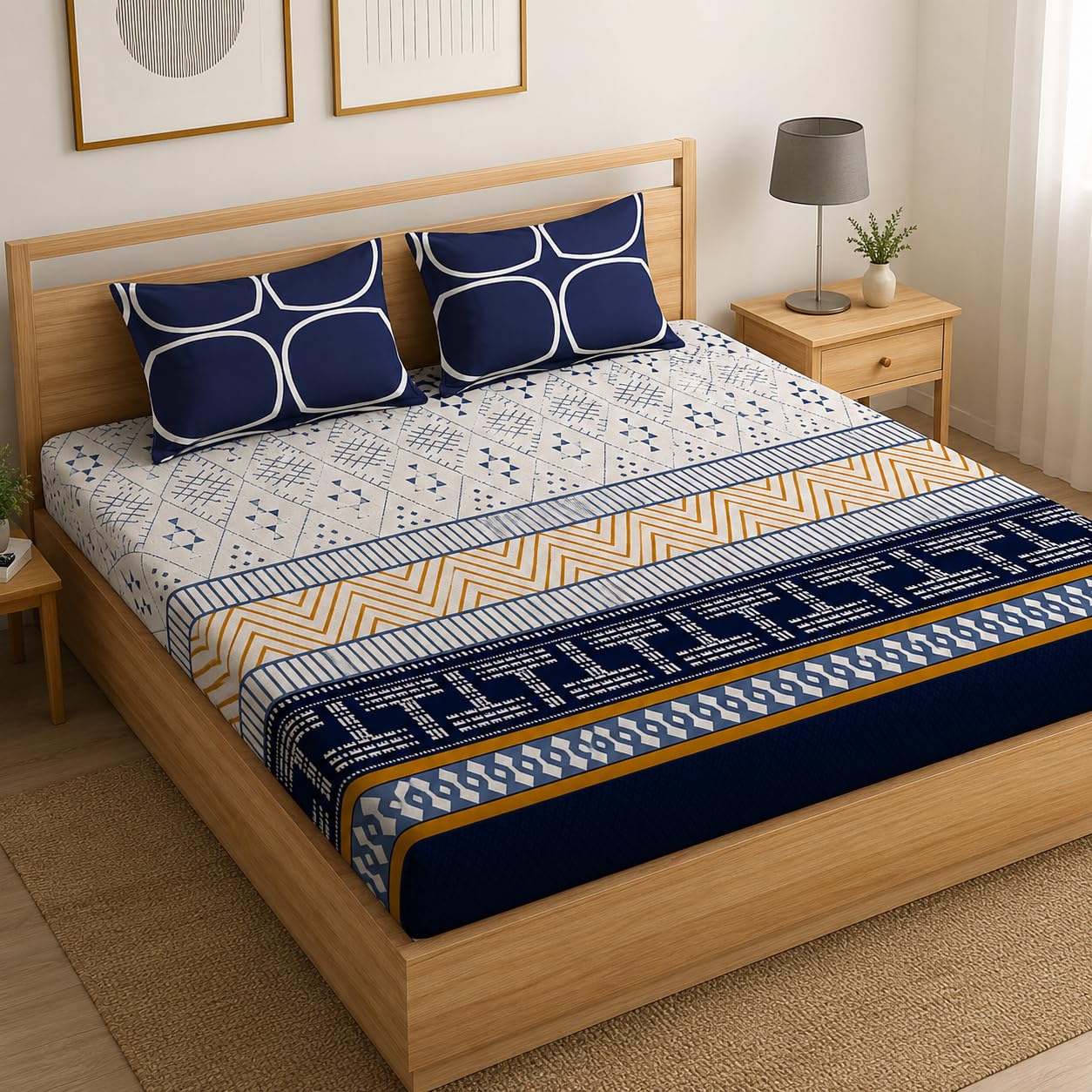 LOOMLYFE 300 TC Cotton Feel Glace Cotton Elastic Fitted Printed Super King Size Bedsheet with 2 Pillow Covers Fits Upto 12 inches Mattress,Size- 72X78 Inches, BlueT