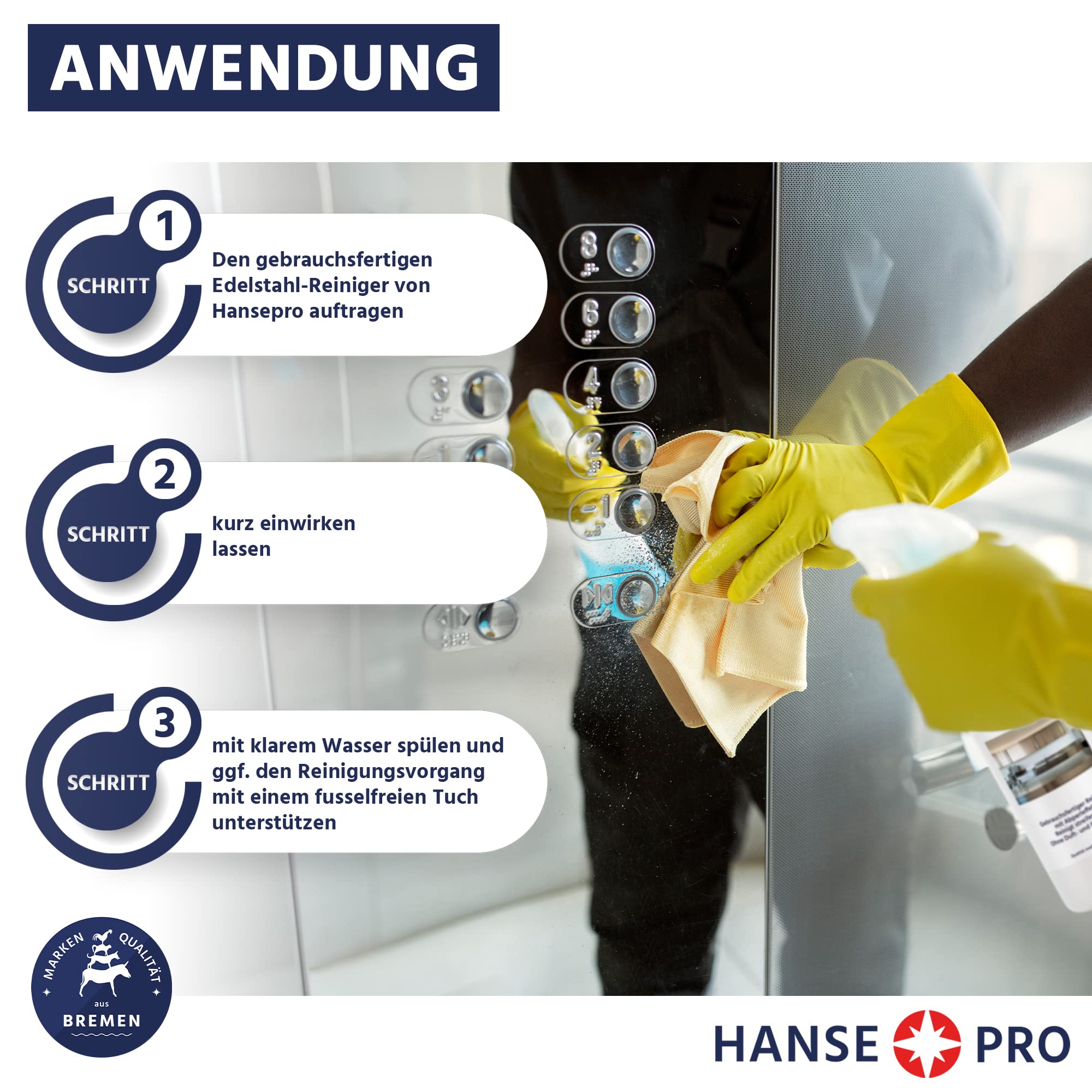 HANSE PRO Edelstahl-Reiniger I Gebrauchsfertig I mit praktischem Abperl-Effekt I Reinigt streifenfrei I ohne Duft- und Farbstoffe I ideal für Küche und Grill (4 x 500 ml)