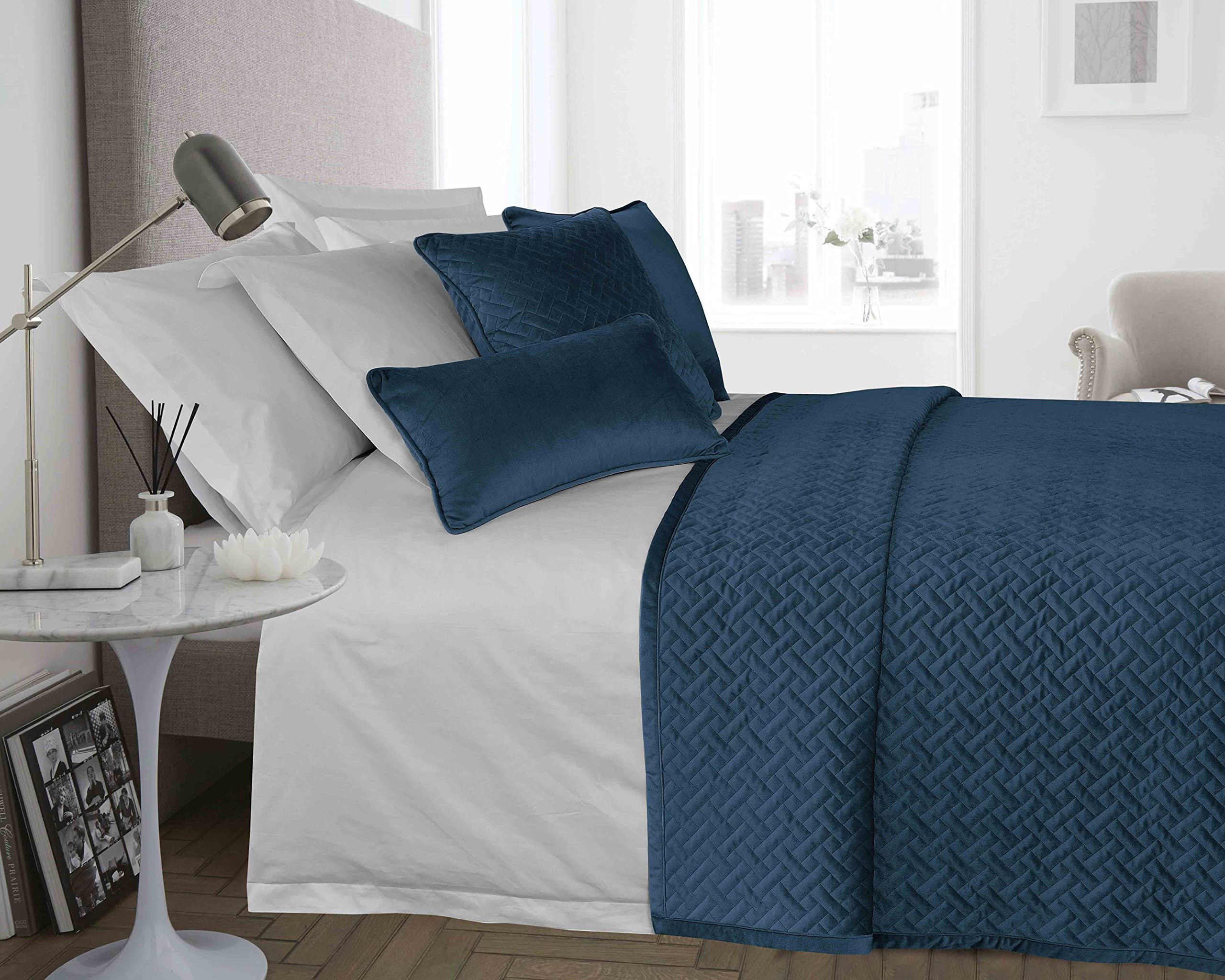 The Better Sleep Company Luxury French Velvet Throws, Bedspreads, Runners and Cushions (Blue, Boudoir cushion cover 30cm x 50cm)