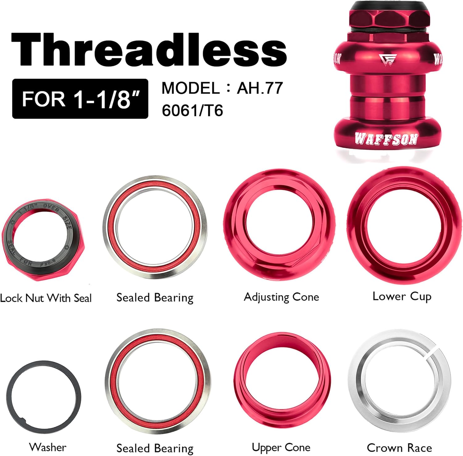 WFS AH.77 1-1/8" Threaded Bike Headset Set for 1-1/8 inch Threaded Steerer Forks and 34mm Head Tube- CNC Aluminum Alloy, Precision Sealed Bearings for MTB Mountain/Road/City/BMX Bikes