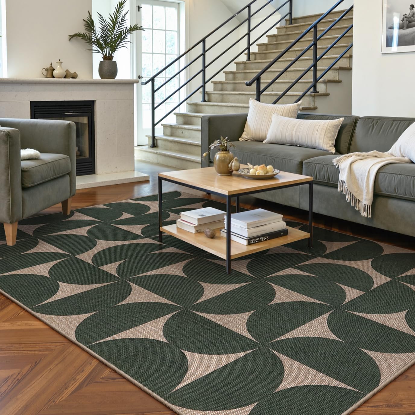 Lahome Modern Geometric Easy Jute 5x7 Washable Green Outdoor Rug, Non Shedding Woven Carpets for Living Room, Neutral Semi-Circle Non Slip Rug for Classroom Office Backyard