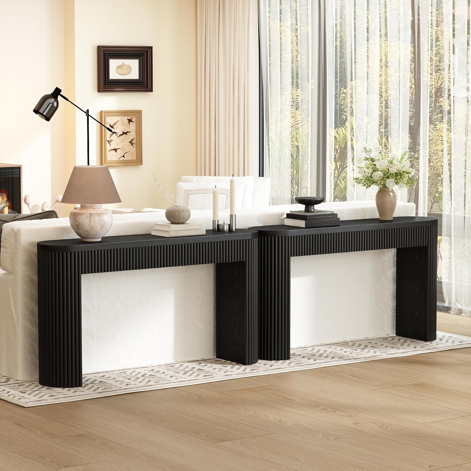 Fluted Wood Console Table with Drawer - 55 Inches Mid Century Modern Fluted Foyer Table, Entryway Hallway Minimalist Sofa Table, Oval with Drawer, Black