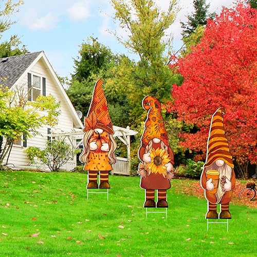 Miniatura 6 de Umigy 3 piezas de decoración de patio de Acción de Gracias lindo gnomo de otoño con estacas de 32 x 10 pulgadas, gnomo de otoño para decoración de