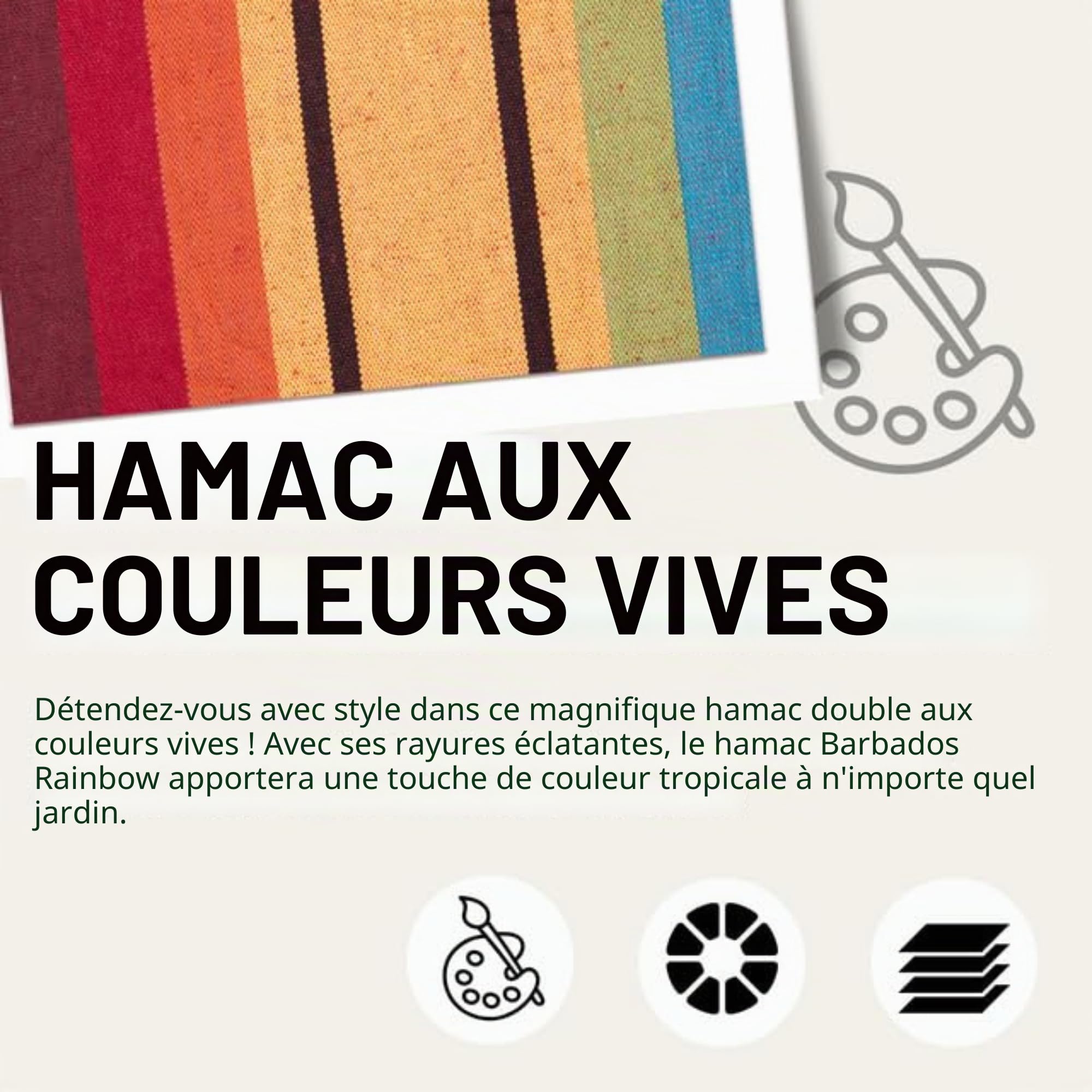 AMAZONAS Hamac classique XL Barbados Rainbow fait à la main au Brésil jusqu'à 200 kg de capacité de charge avec 230 x 150 cm pour 1-2 personnes en rayures multicolores longueur totale 340 cm