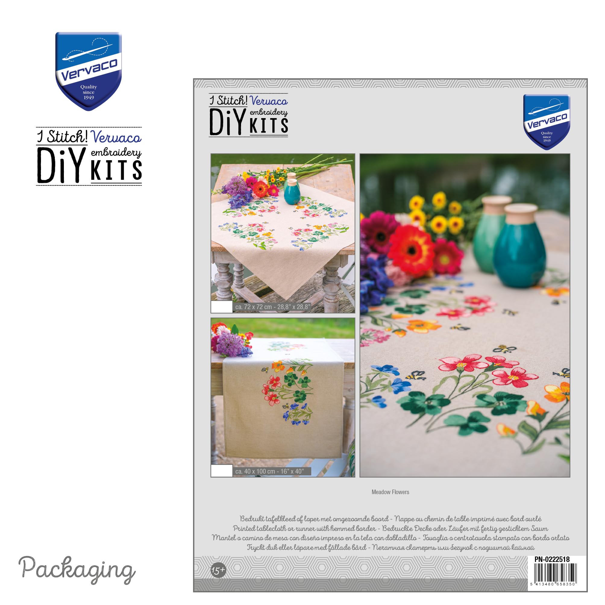 Vervaco Kit Bordado Mantel Set Completo Bordado Tela Impresa FLORES DE CAMPO Decoracion Para Manualidades Principiantes Completo DIY Adultos Set Creativo Regalo 72 x 72 cm Embroidery