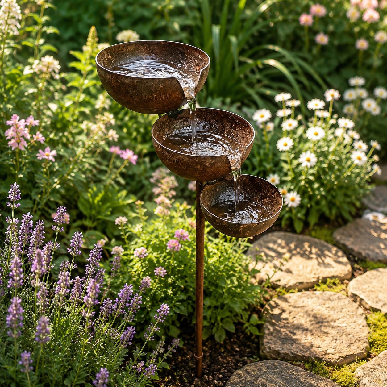 Metal Rain Catchers for Garden,Metal Gardening Stakes Bird Bath,Vintage Birds Feeder & Bee Watering Station With 3-Tiered Water Bowl for Garden Decor,Water Feeder Ornaments For Bee,Bird