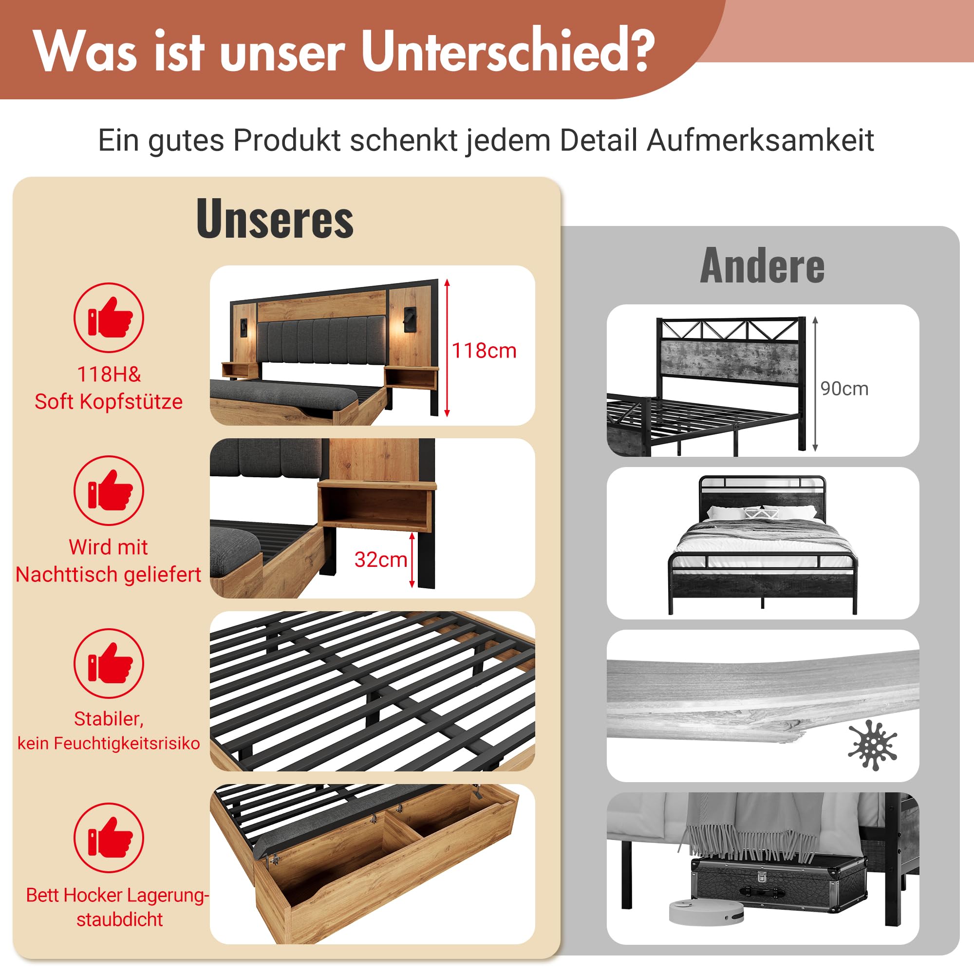 Kebnor Letto matrimoniale imbottito, letto con lampada da lettura e comodino USB C e panca con vano portaoggetti, struttura del letto con rete a doghe in metallo, legno e lino, rovere (senza materasso