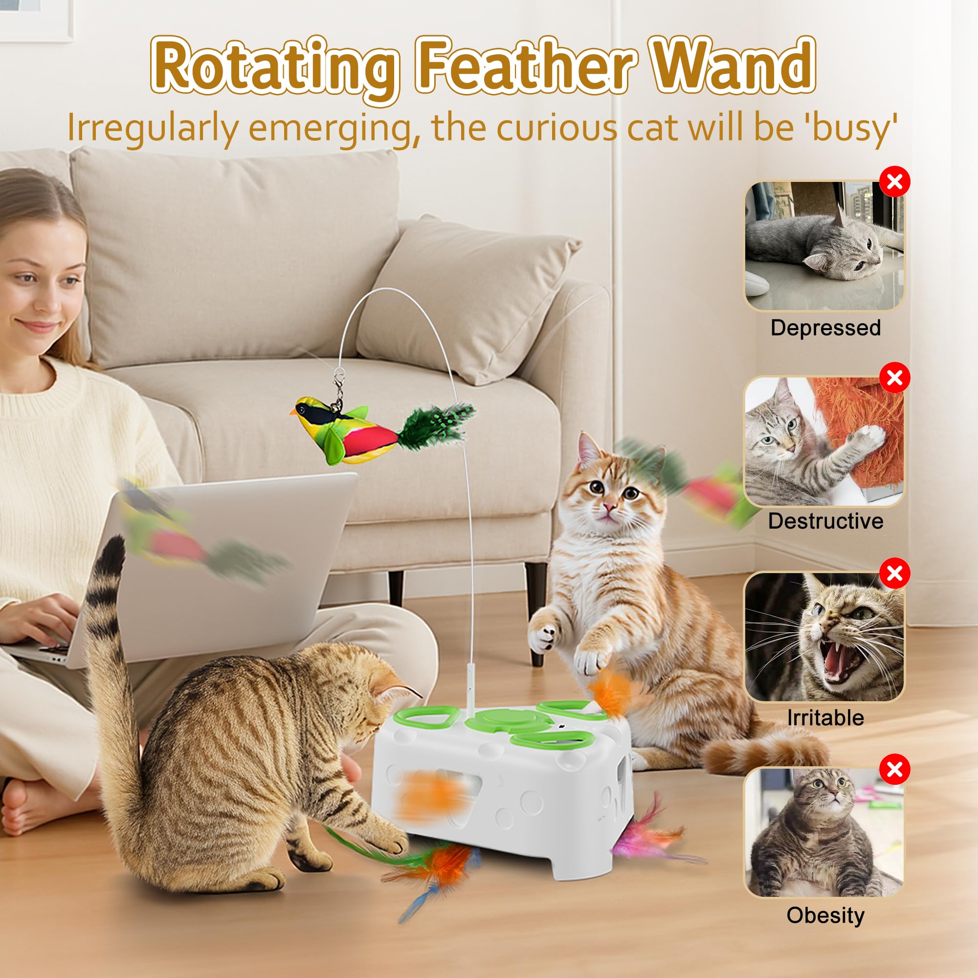 Jouet interactif 3 en 1 pour chat d'intérieur, jouet automatique pour chaton, oiseau volant, taupe à 6 trous, plume rotative, jouet interactif rechargeable USB pour chats d'intérieur ennuyés