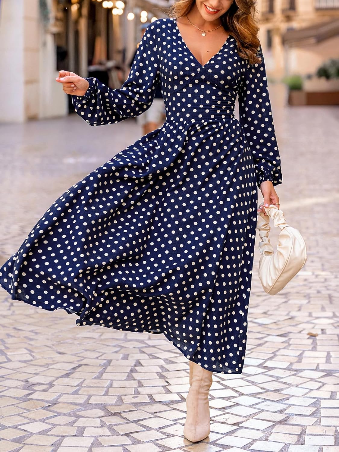 CUPSHE Womens Fall Wedding Guest Dress Long Sleeve V Neck Maxi Dress Smocked Waist Long Flowy Midi Dresses - Image 5