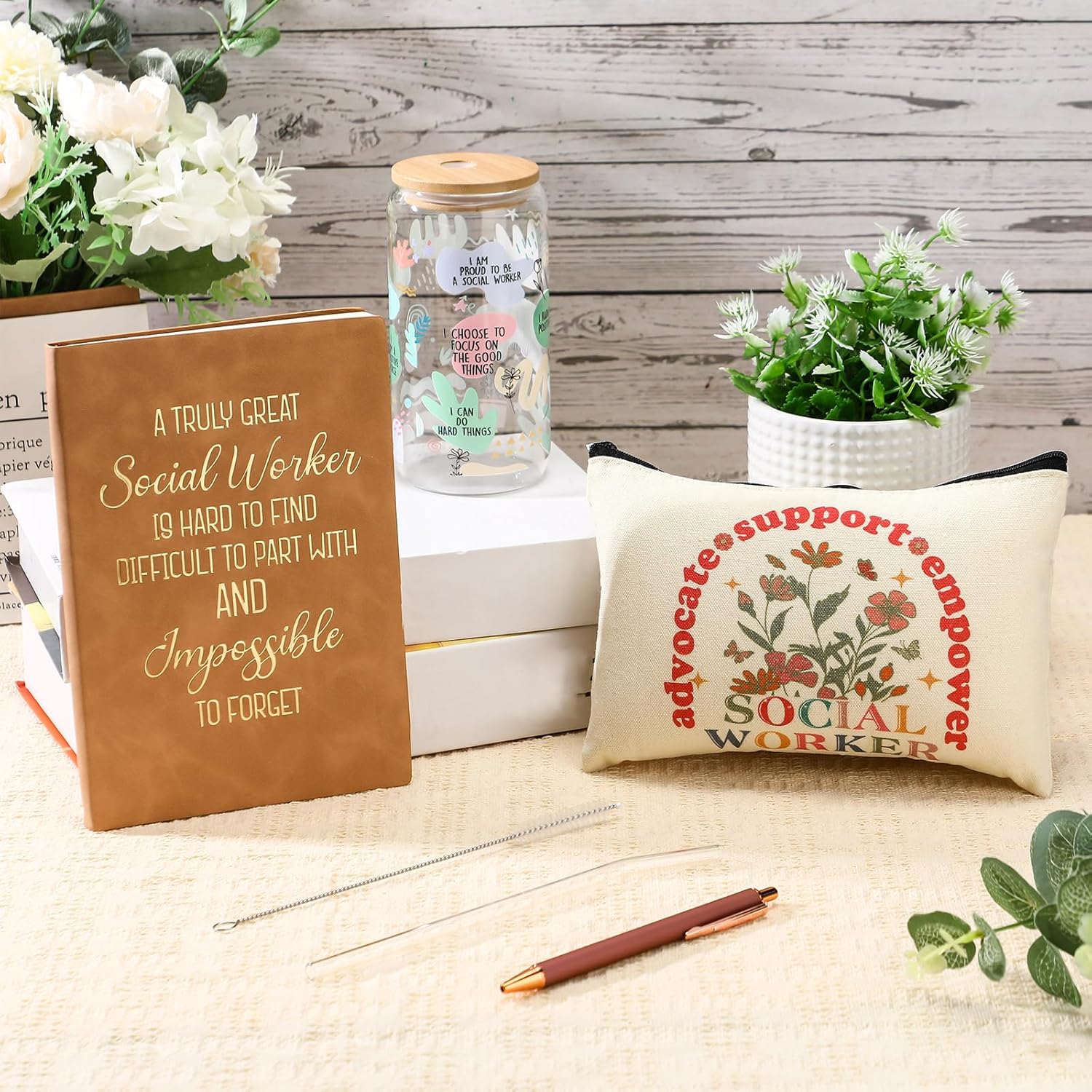 4 Pcs Social Worker Gifts for Women Include 16 oz Glass Tumbler Mug with Straw Brush A5 Leather Notebook Makeup Bag and Ballpoint Pen Social Work Gifts for BSW MSW(Floral Style) - Image 5