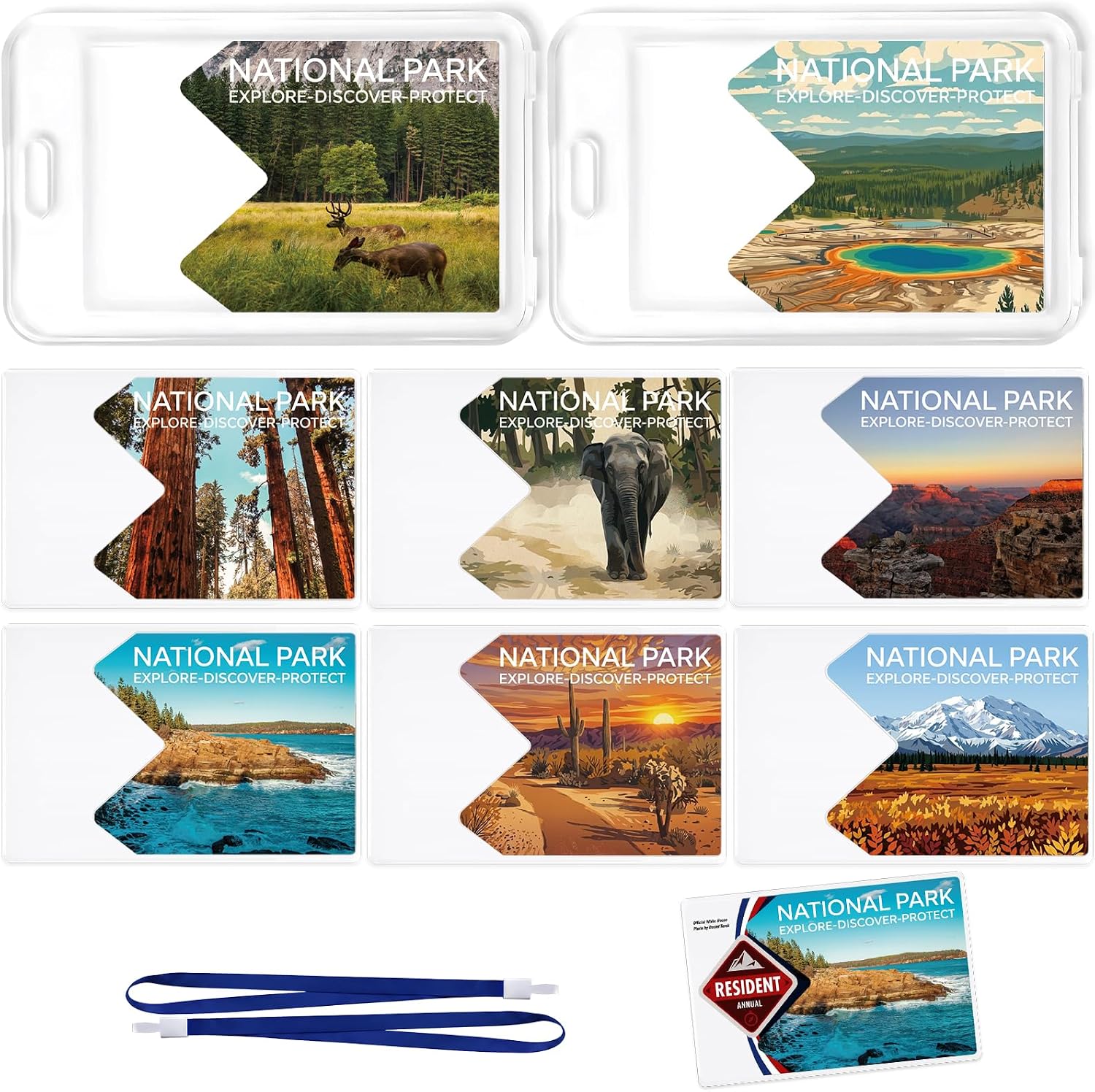 National Park Pass Sleeve 8 Pack with 2 Lanyard, Covered Card Pattern
