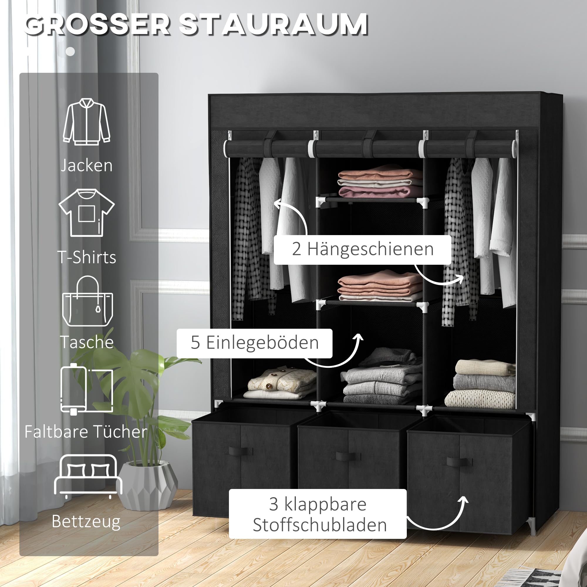 4goodz Stoffen Kledingkast - Opvouwbare Kast met 3 Laden - 125x43x162
