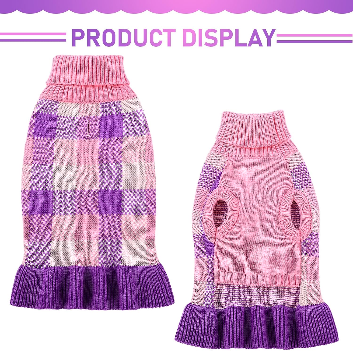 Dog Sweater Dress Plaid Knitwear for Small Medium Dogs Warm Puppy Pet Turtleneck Stretch Pullover Cute Fall Winter Vest Clothes with Leash Hole for Christmas (Purple, XL)